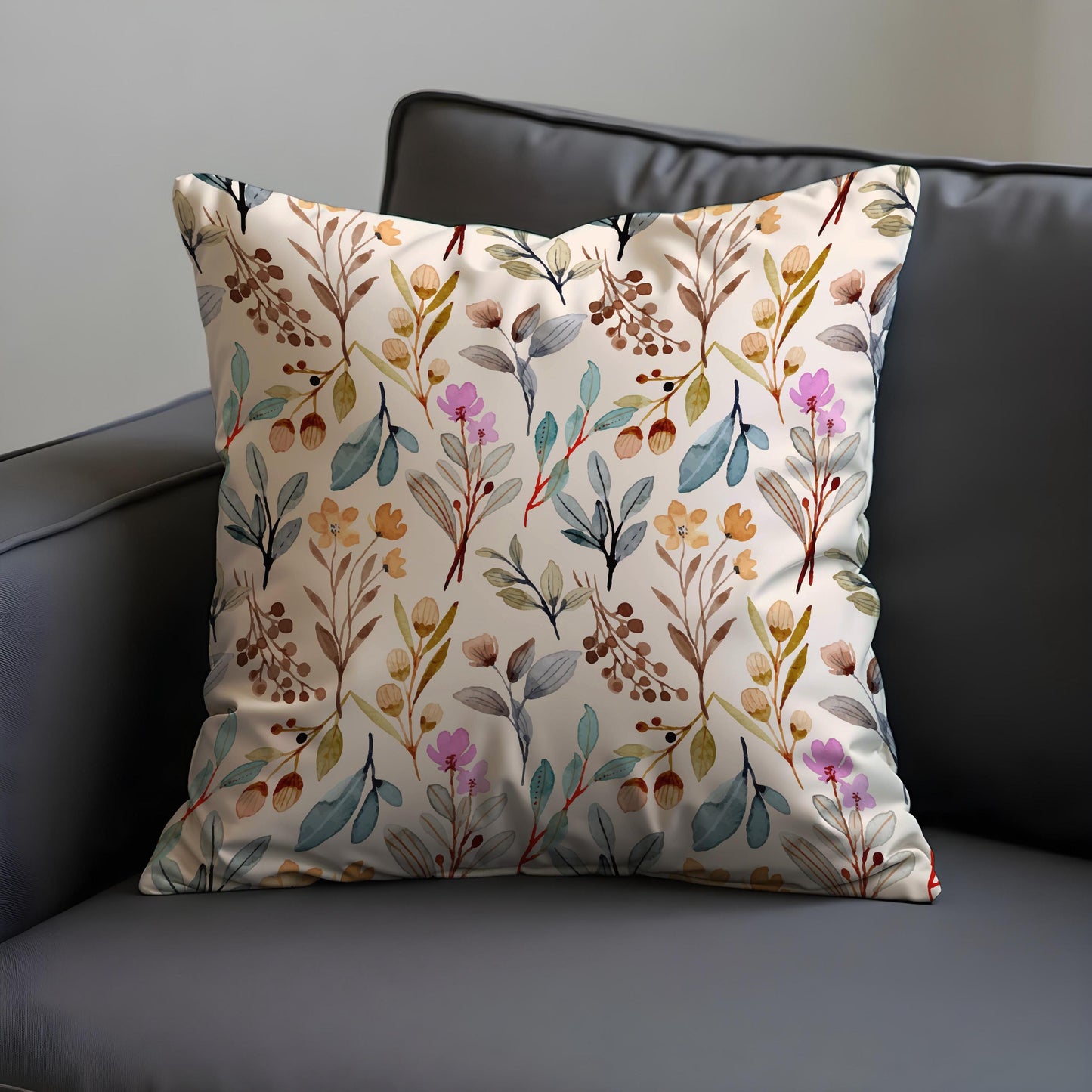Watercolor Botanical Throw Cushion Cover, Soft Beige Pillow Case