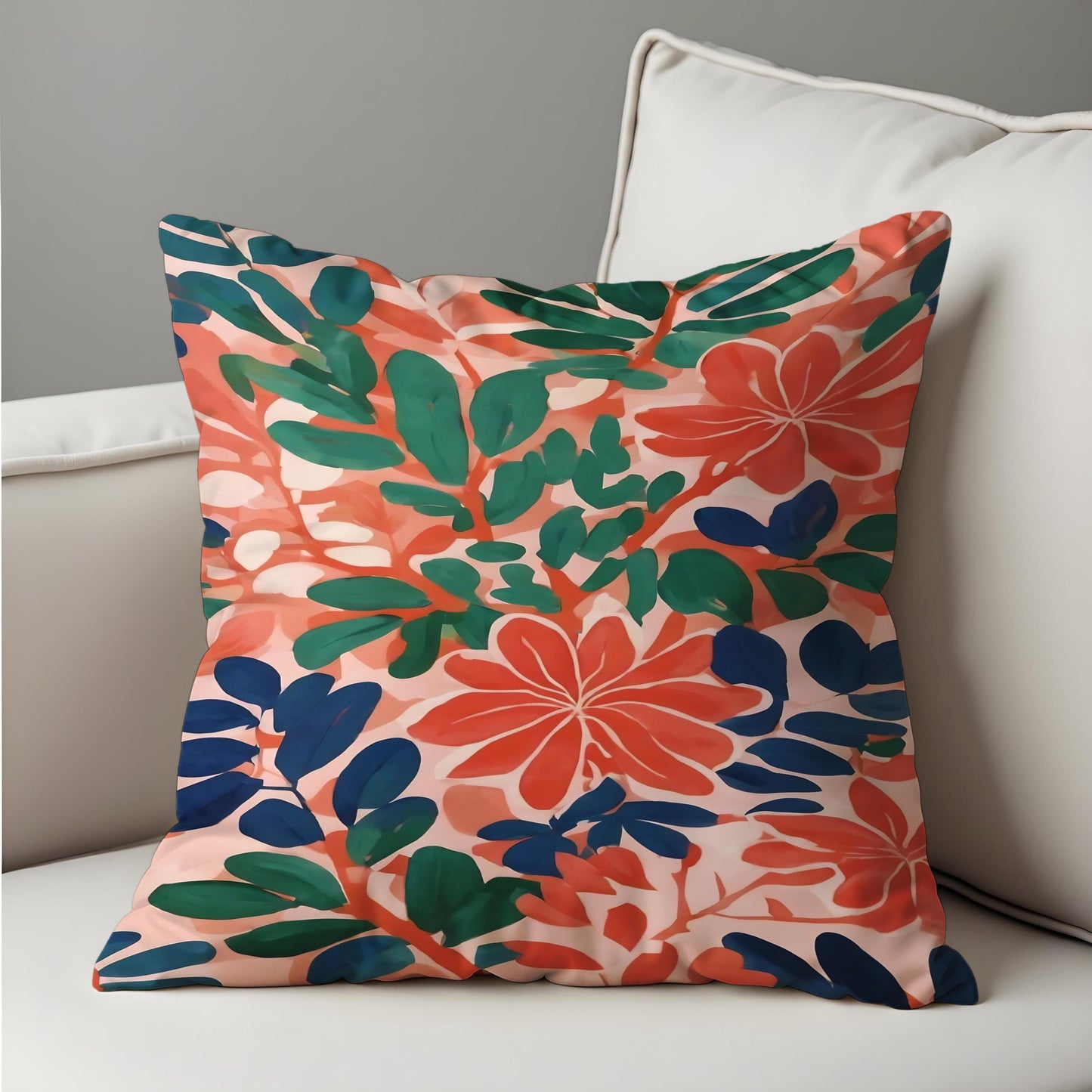 Tropical Floral Cushion Cover, Coral and Green Botanical Pillowcase