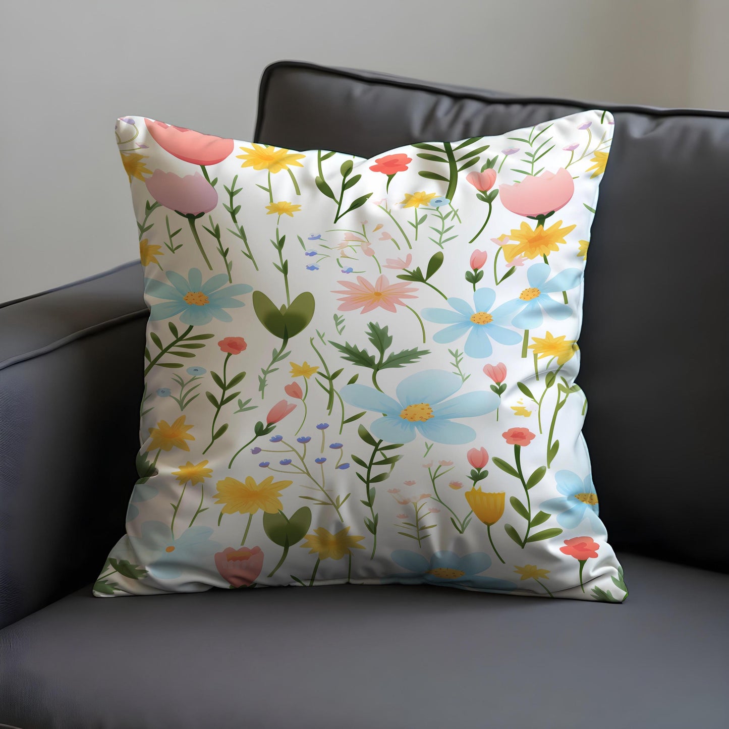 Pastel Wildflower Cushion Cover, Spring Meadow Floral Throw Pillow Cover
