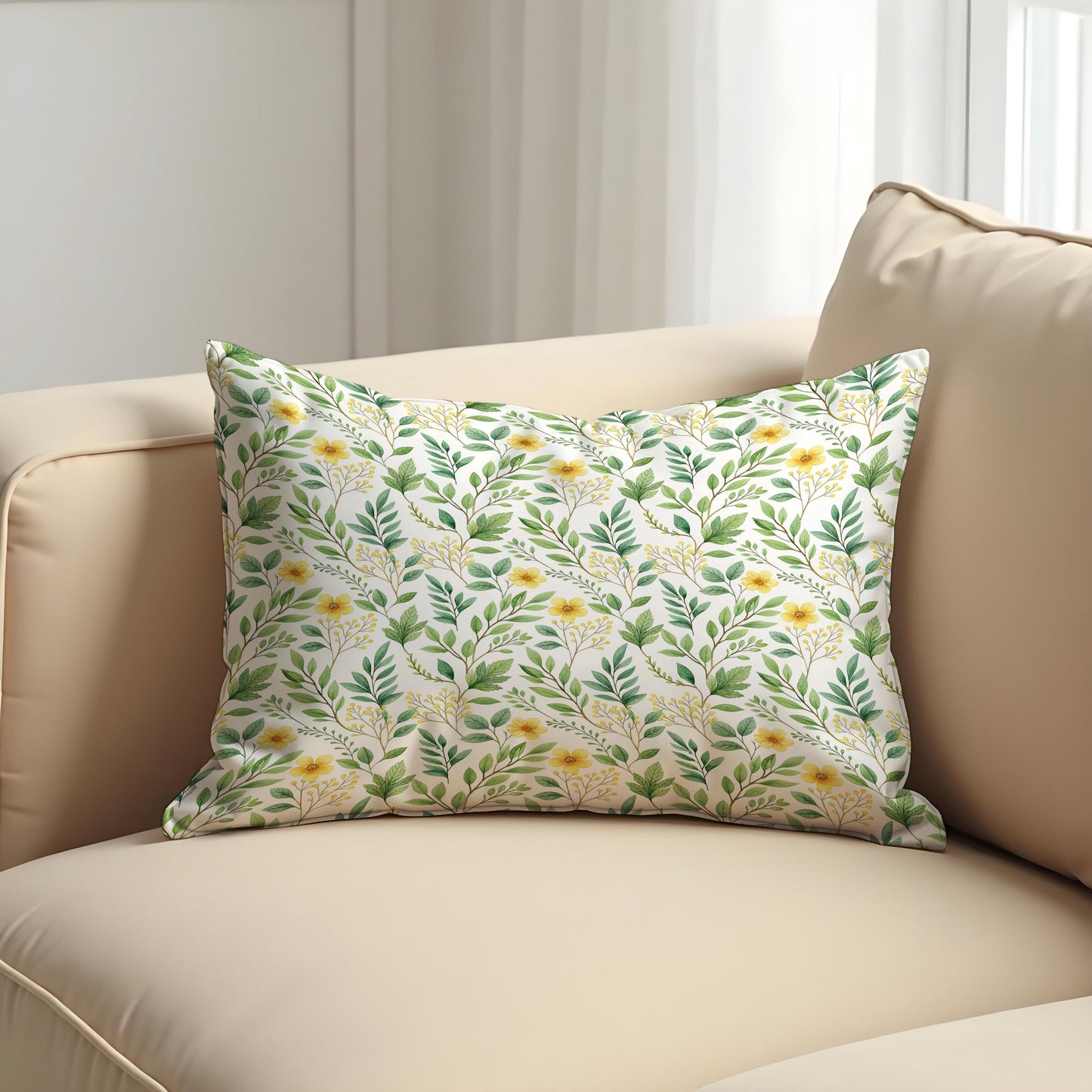 Spring Botanical Cushion Cover, Green Leaves & Yellow Floral Pillow Case