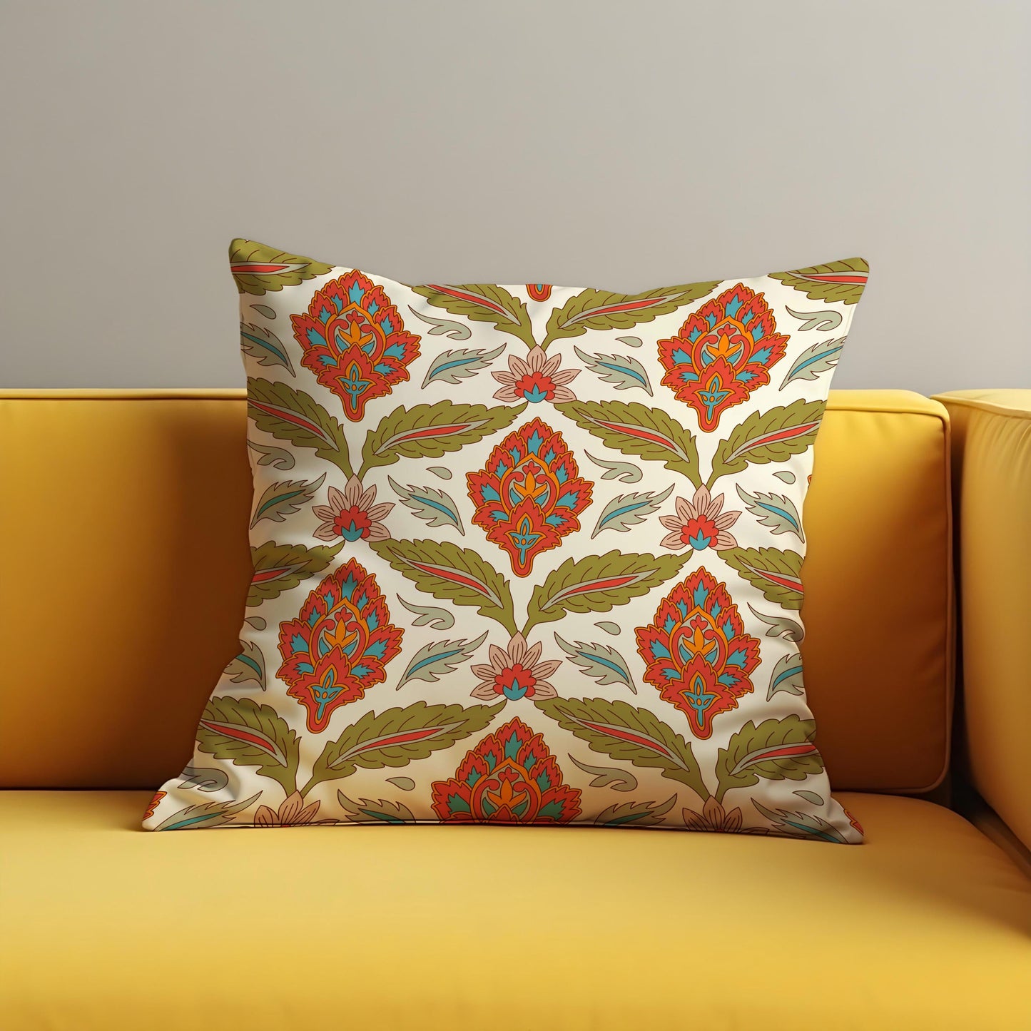 Boho Floral Cushion Cover, Red & Olive Classic Pillow Cover