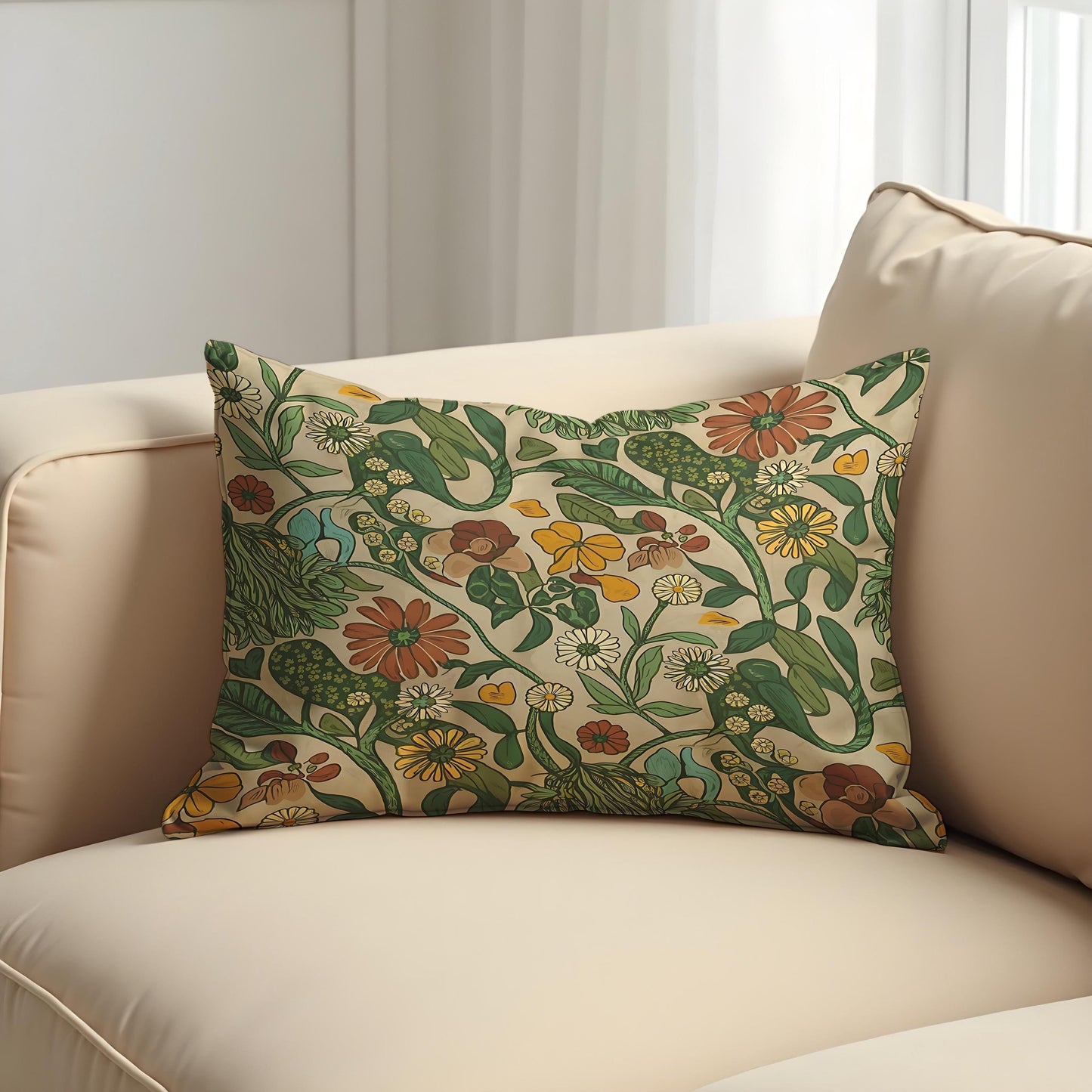 Classic Botanical Pillow Cover, Earthy Floral Print Cushion Cover