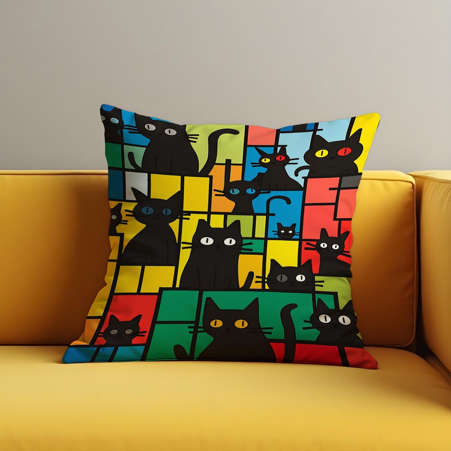 Colorful Black Cat Cushion Cover, Modern Art Throw Pillow Case