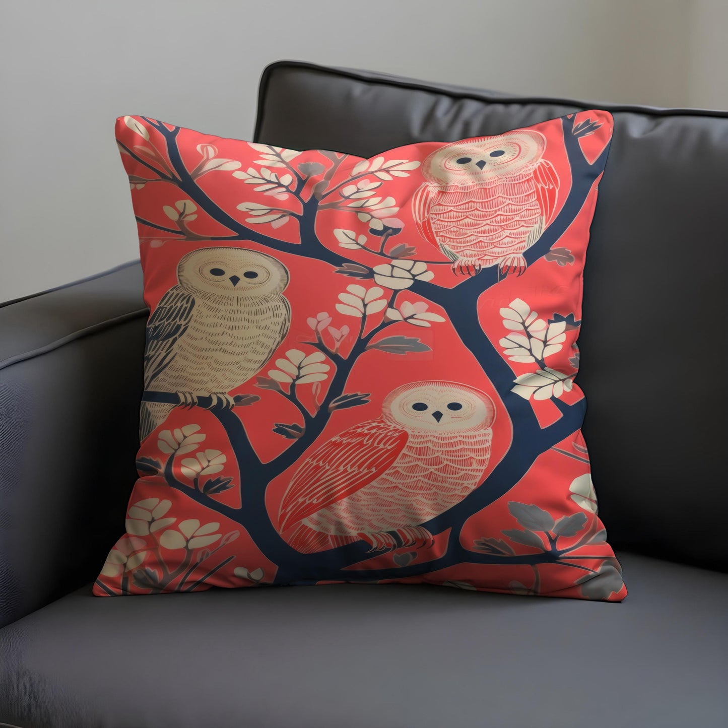 Whimsical Owl Cushion Cover, Birds on Tree Branch Throw Pillow Cover