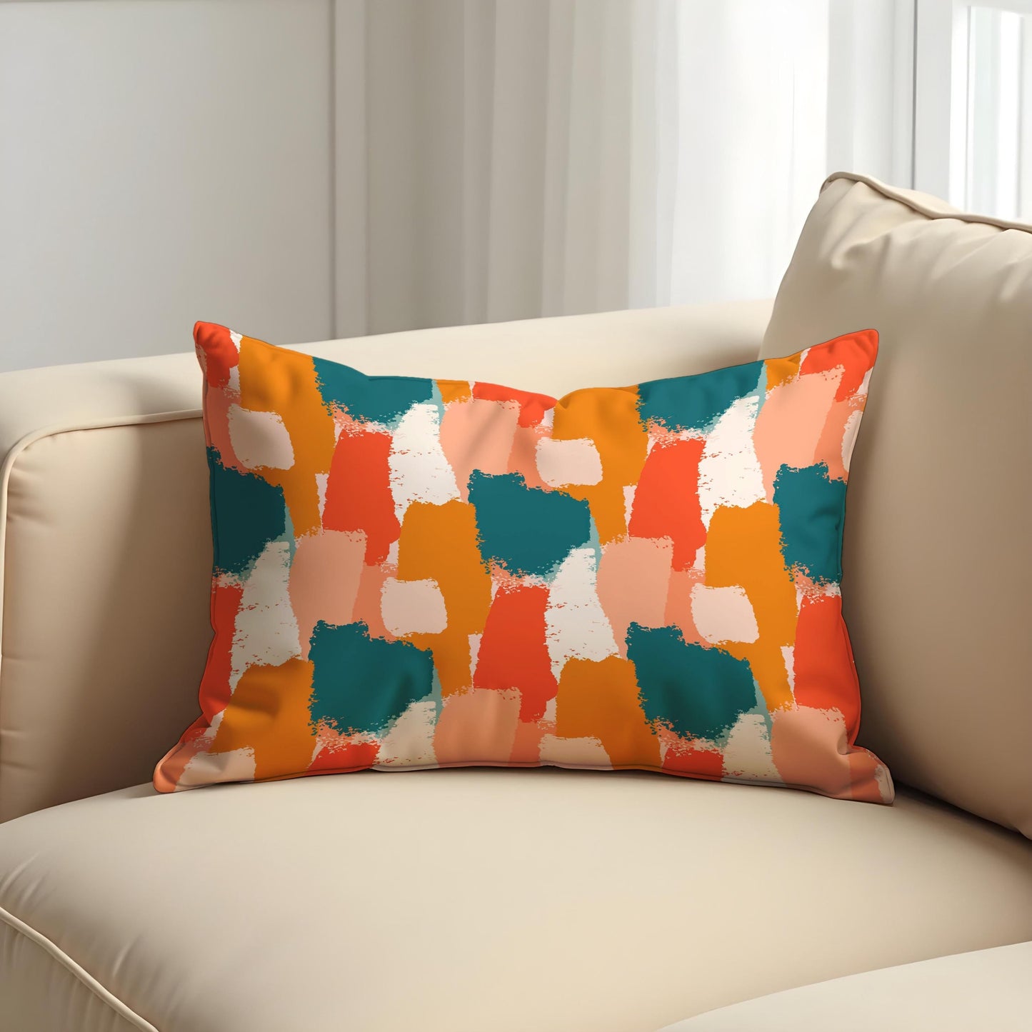 Abstract Brushstroke Cushion Cover, Bold Teal, Orange & Coral Pillow Case