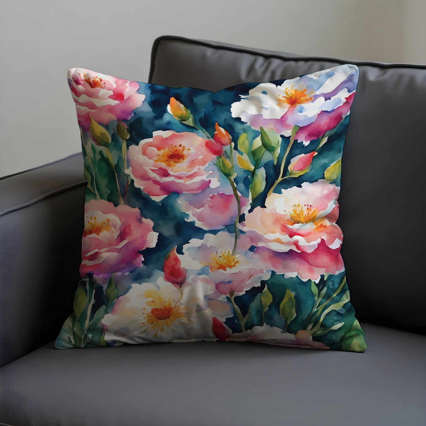 Watercolor Floral Cushion Cover, Colorful Pink Flowers Pillow Case