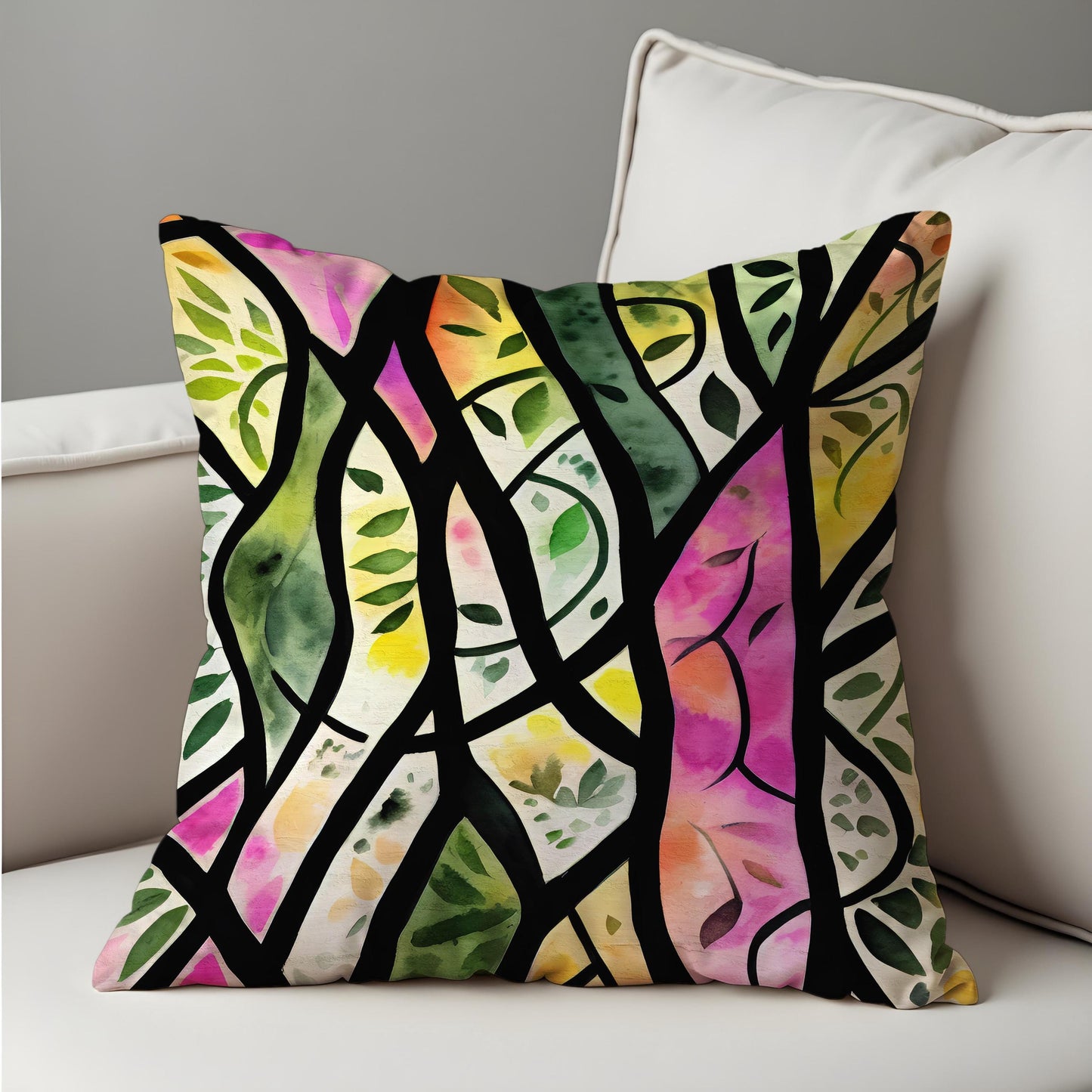 Stained Glass Leaf Cushion Cover, Colorful Tree Branch Pillow Cover