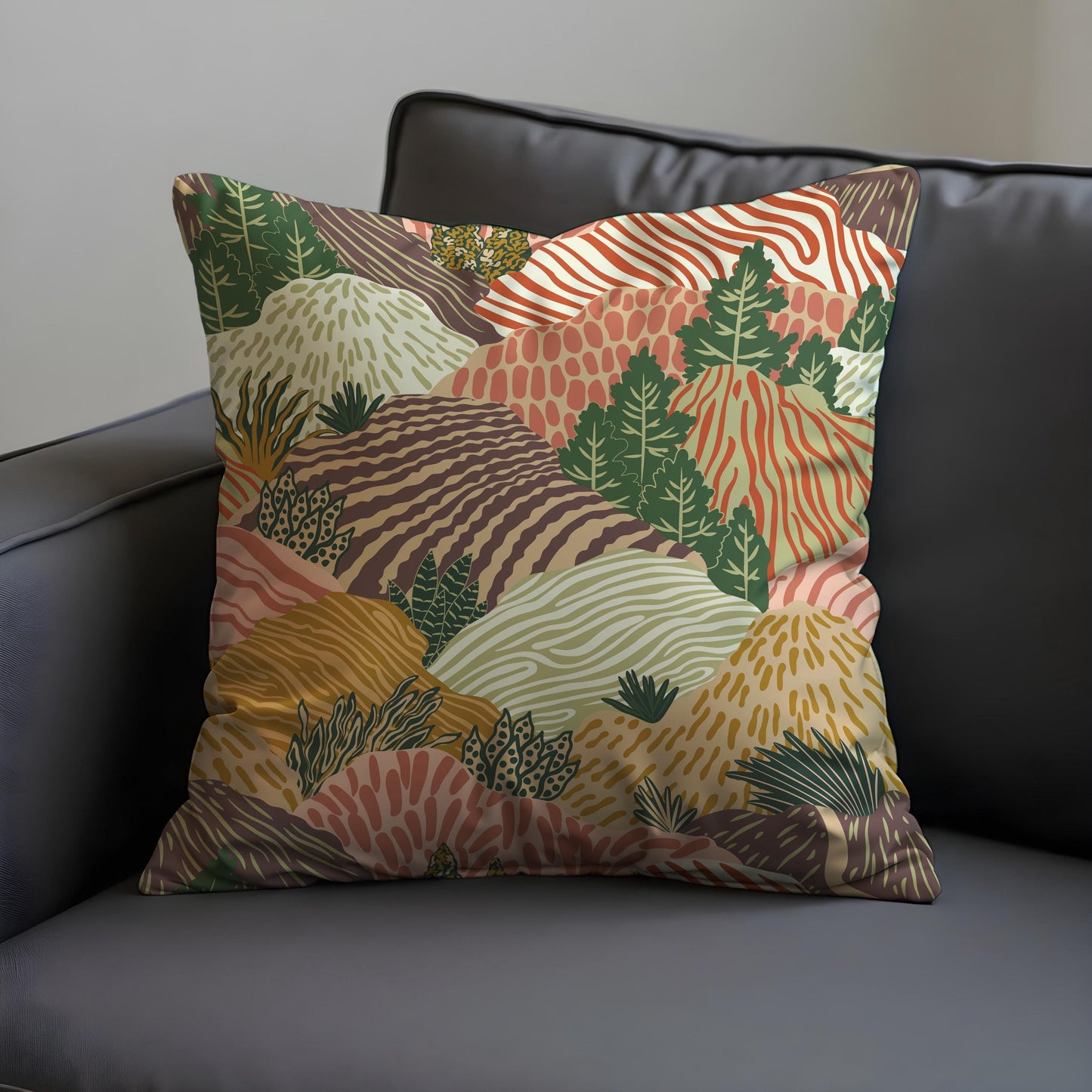Botanical Landscape Cushion Cover, Earth Tone Nature Pillow Cover