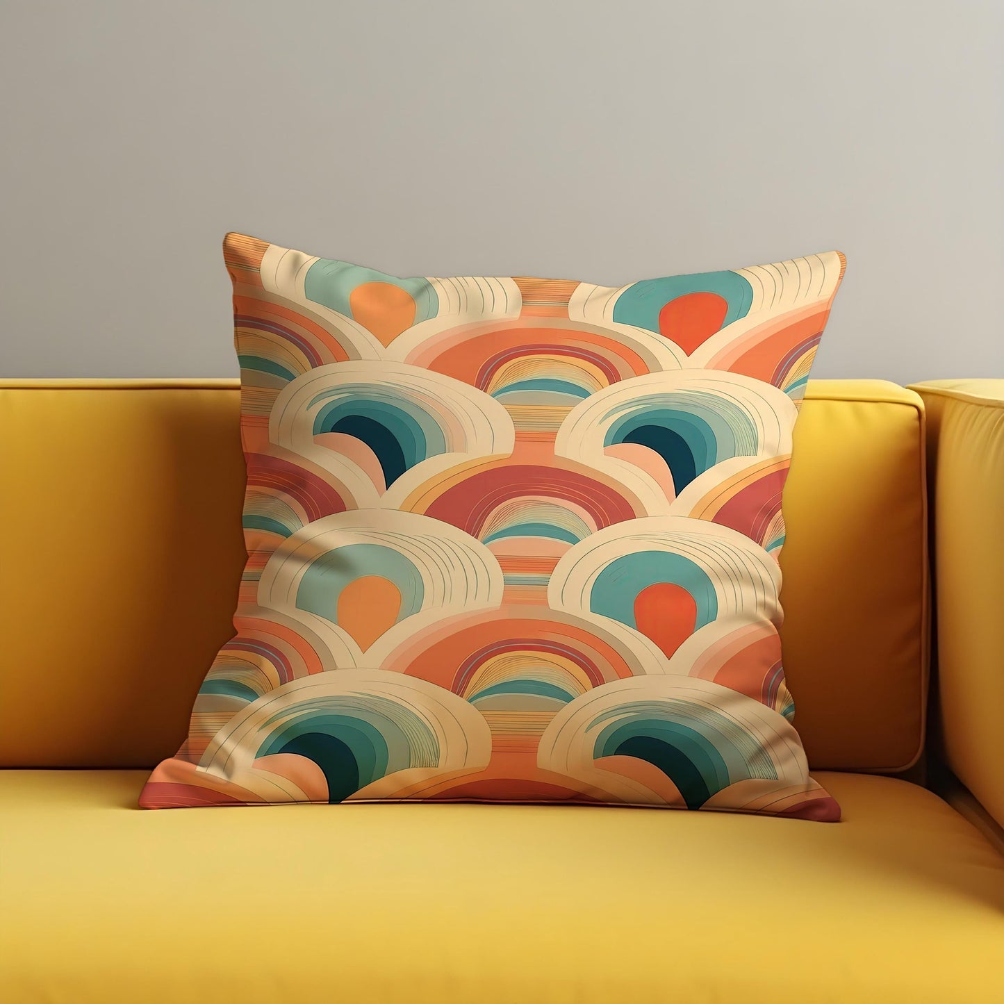 Retro Rainbow Cushion Cover, Coral Abstract Arcs Pillow Case