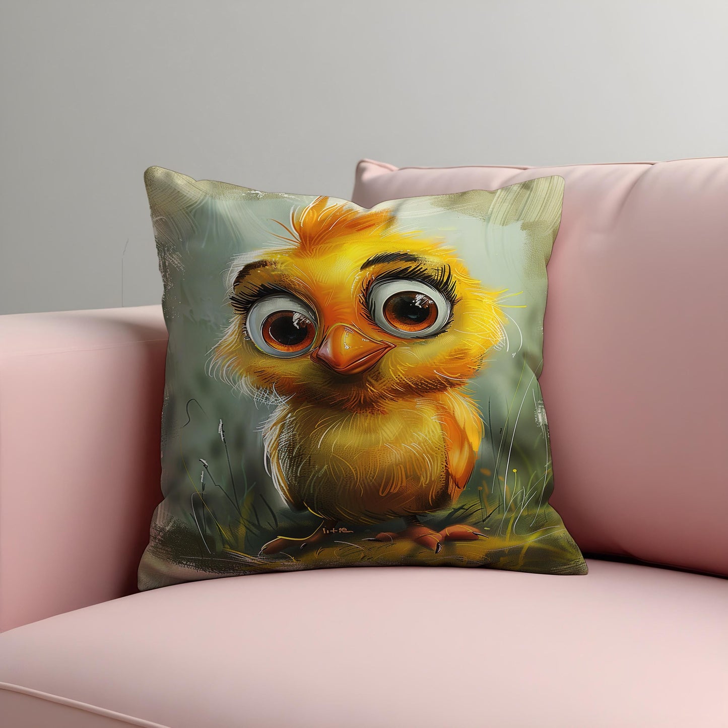 Cute Baby Chick Cushion Cover, Cartoon Style Yellow Bird Pillow Cover