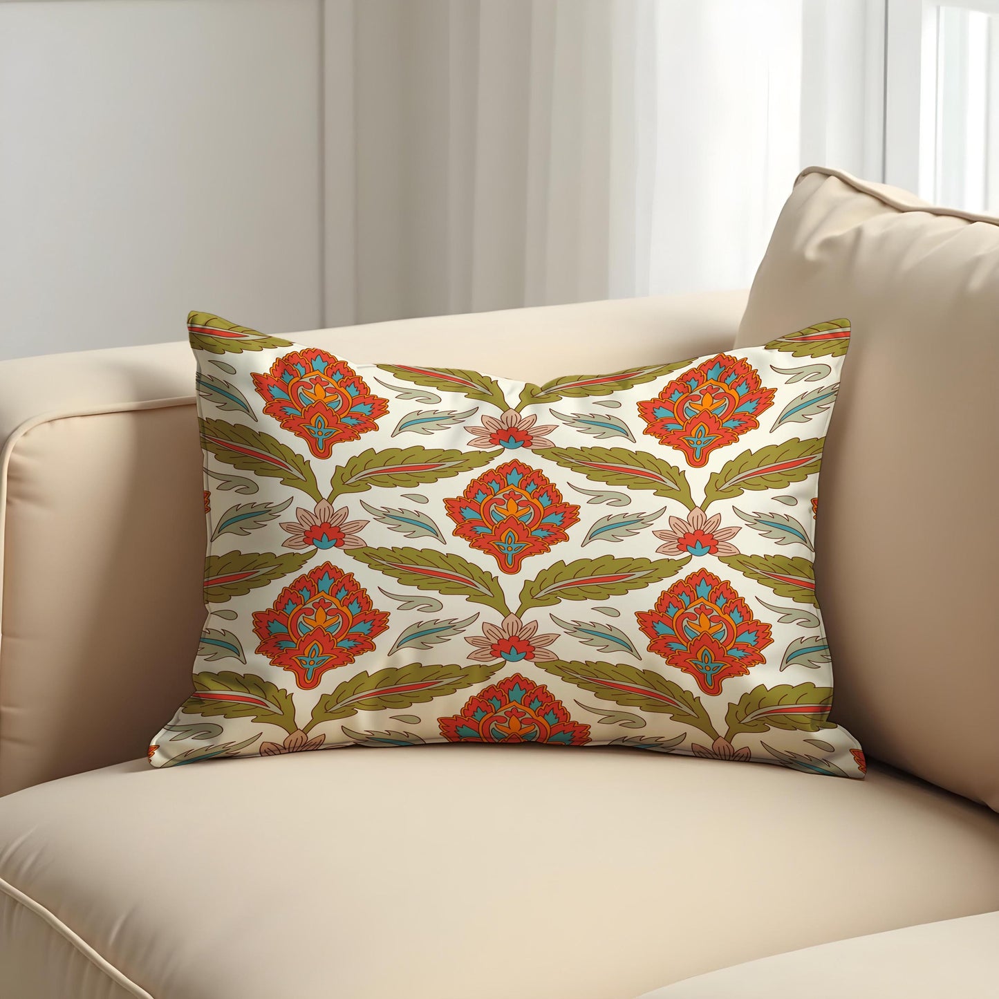 Boho Floral Cushion Cover, Red & Olive Classic Pillow Cover