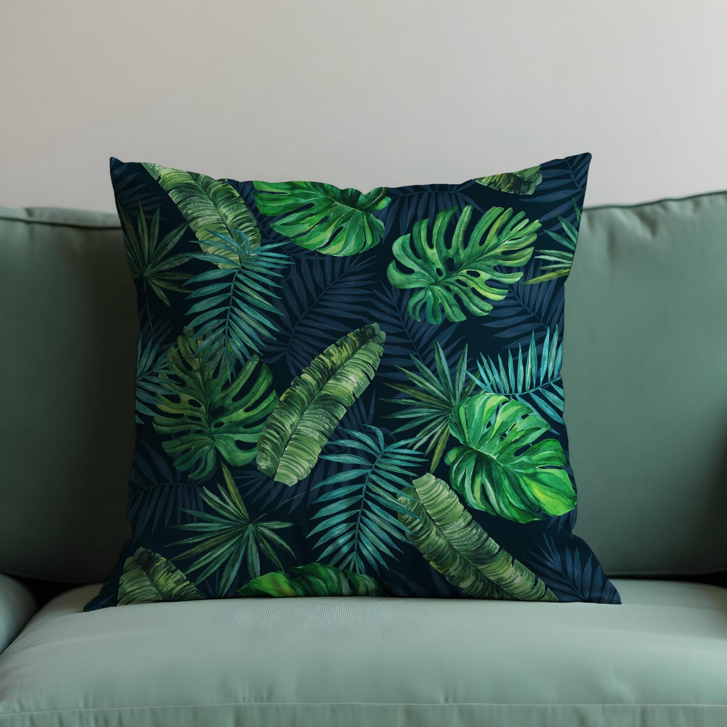 Tropical Leaf Cushion Cover, Dark Green Jungle Monstera Pillow Case