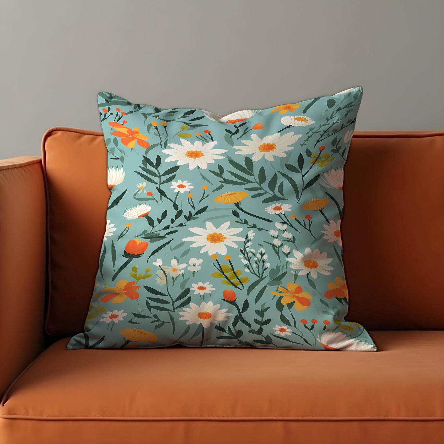 Daisy Floral Cushion Cover, Teal Wildflower Throw Pillow Cover