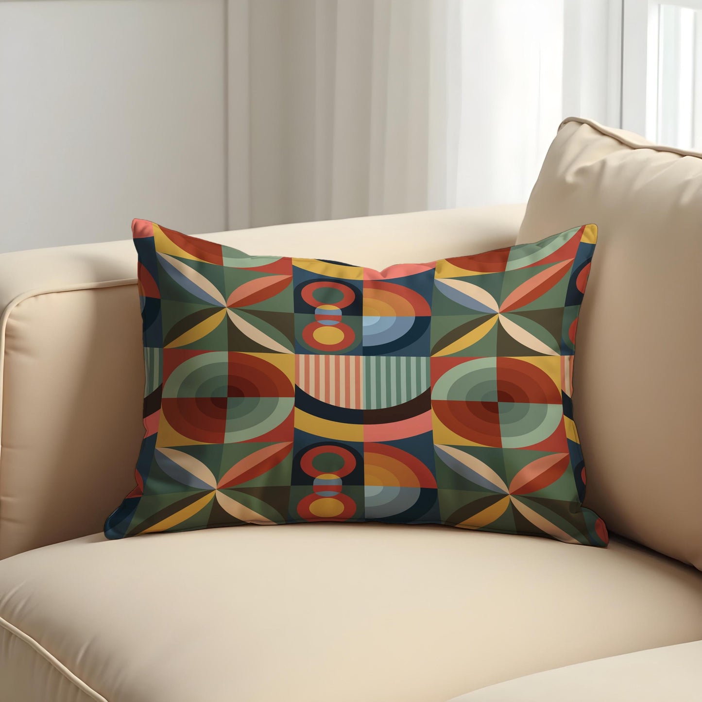 Retro Geometric Cushion Cover, Colorful Mid Century Modern Pillow Case
