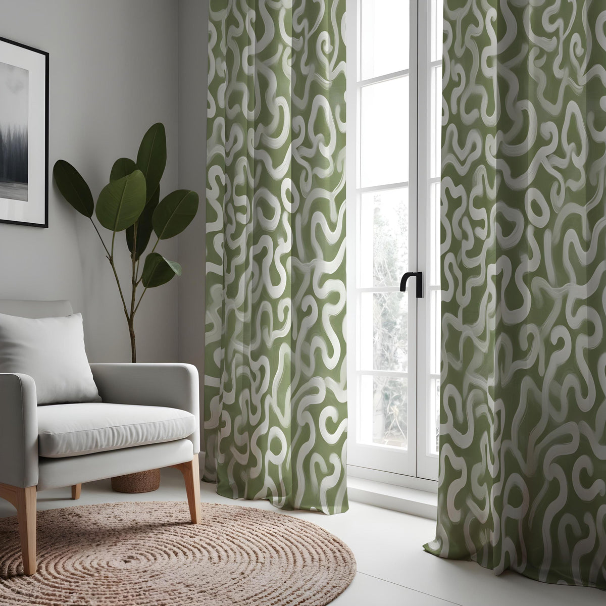 Olive Green Wavy Curtains, Organic Abstract Pattern Drapes