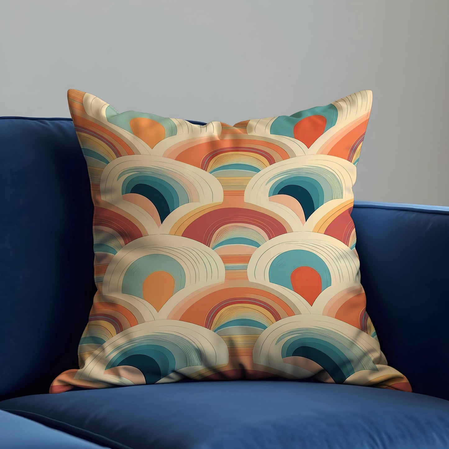 Retro Rainbow Cushion Cover, Coral Abstract Arcs Pillow Case