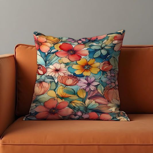 Bold Boho Floral Cushion Cover, Vibrant Multicolor Flowers Pillow Case