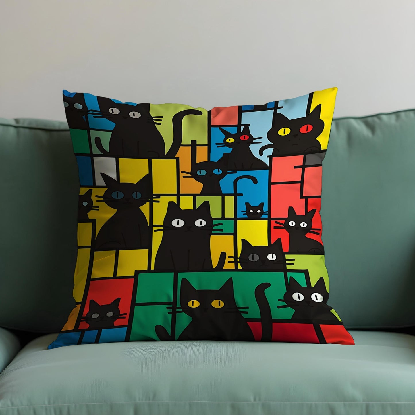 Colorful Black Cat Cushion Cover, Modern Art Throw Pillow Case
