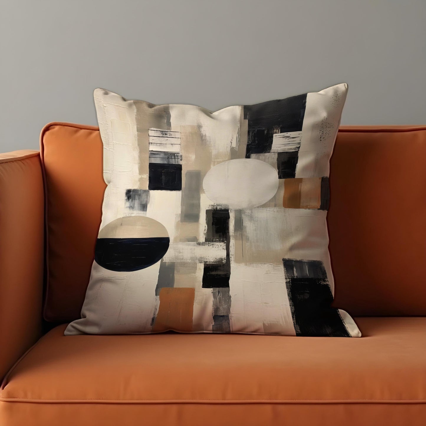 Modern Abstract Geometric Cushion Cover, Black & Terracotta Blocks Pillow Case