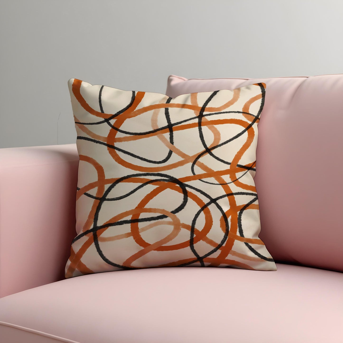 Modern Abstract Line Cushion Cover, Black & Rust Scribble Loops Pillow Case
