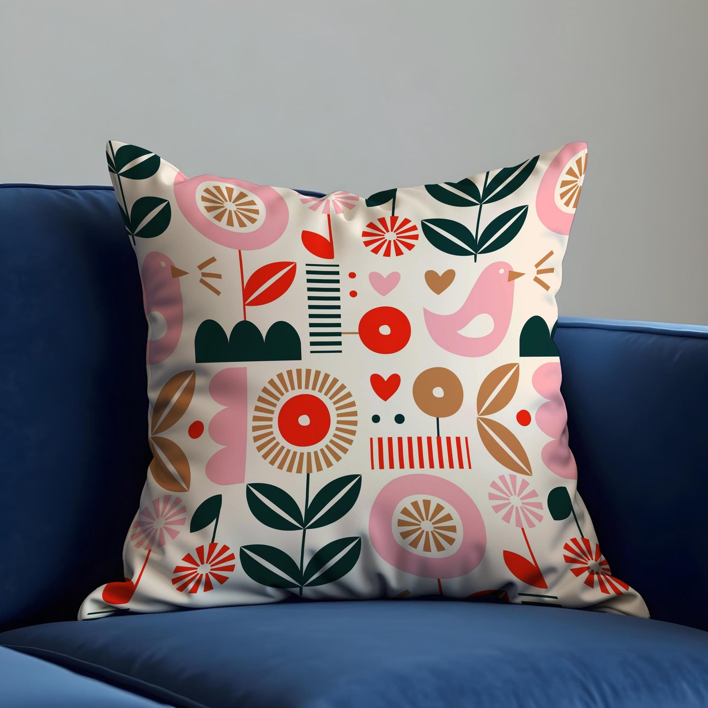Scandi Folk Art Cushion Cover, Pink Bird & Floral Throw Pillow Cover