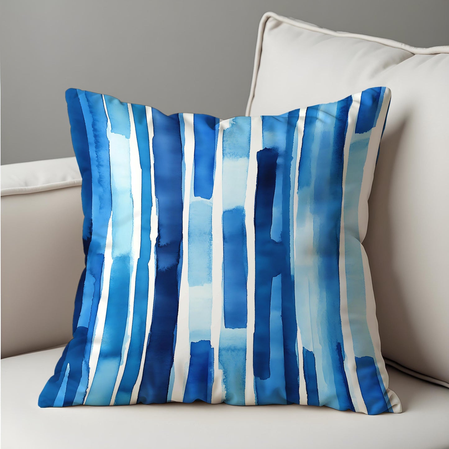 Blue Watercolor Stripe Cushion Cover, Abstract Modern Throw Pillow Cover