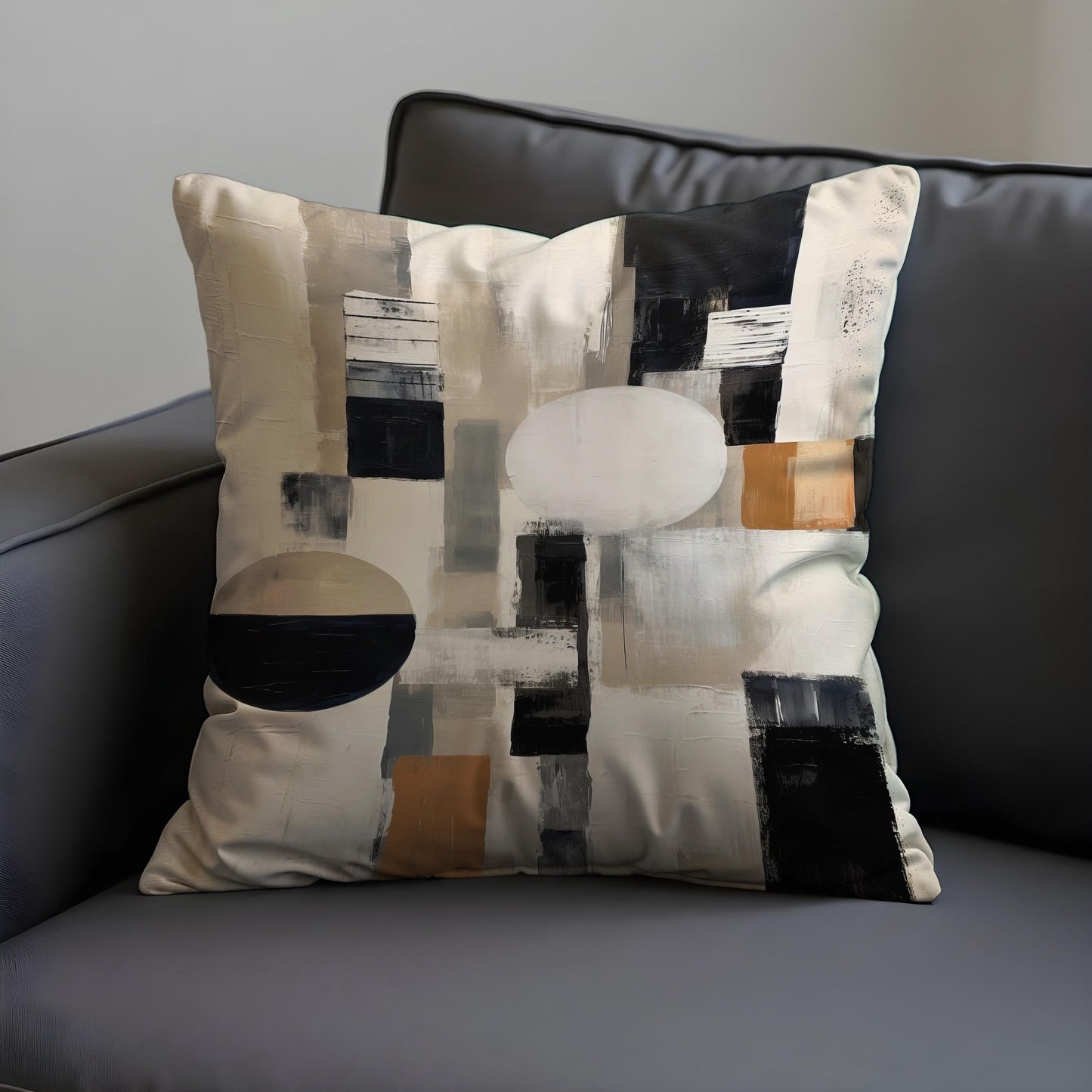 Modern Abstract Geometric Cushion Cover, Black & Terracotta Blocks Pillow Case