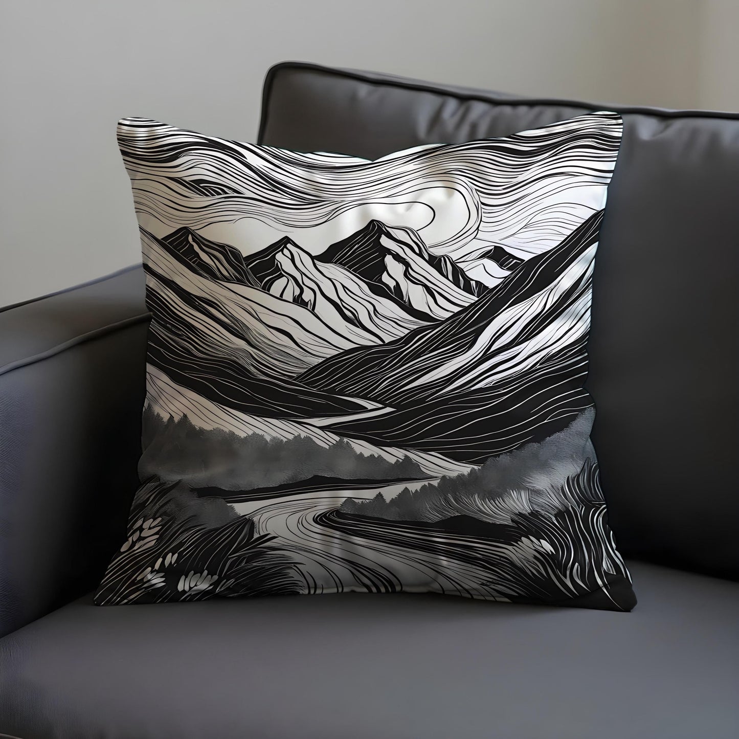 Black & White Mountain Cushion Cover, Monochrome Landscape Pillow Cover