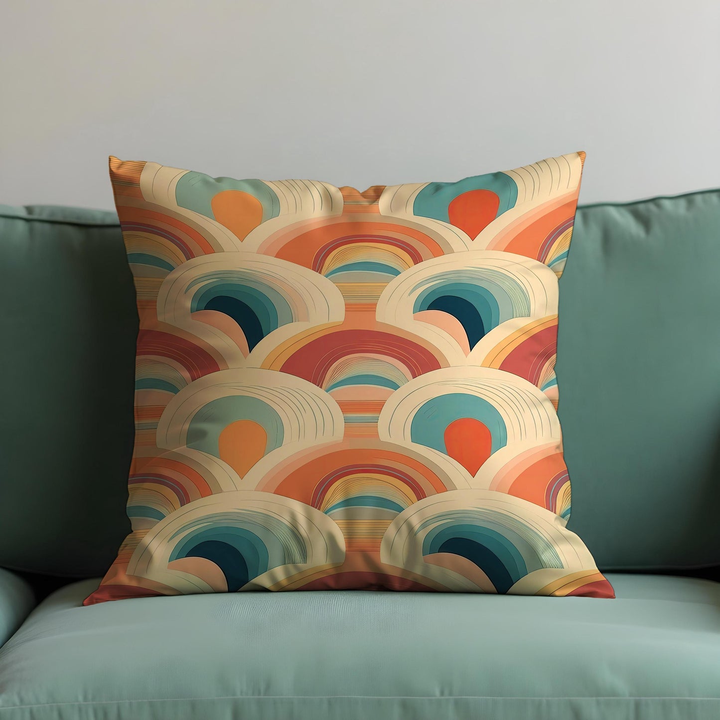 Retro Rainbow Cushion Cover, Coral Abstract Arcs Pillow Case