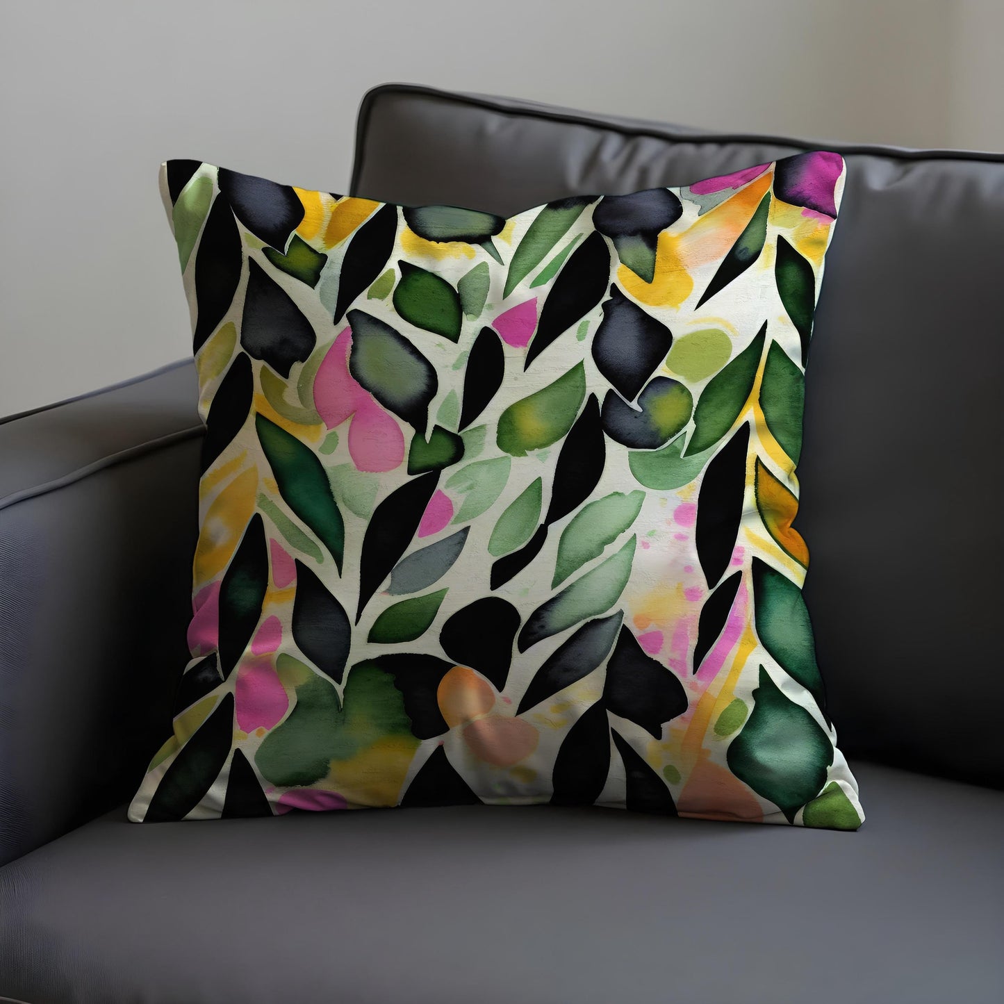Watercolor Leaf Cushion Cover, Vibarant Colors Botanical Pillow Case