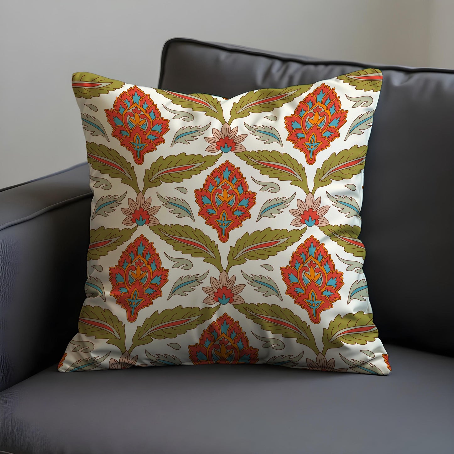 Boho Floral Cushion Cover, Red & Olive Classic Pillow Cover