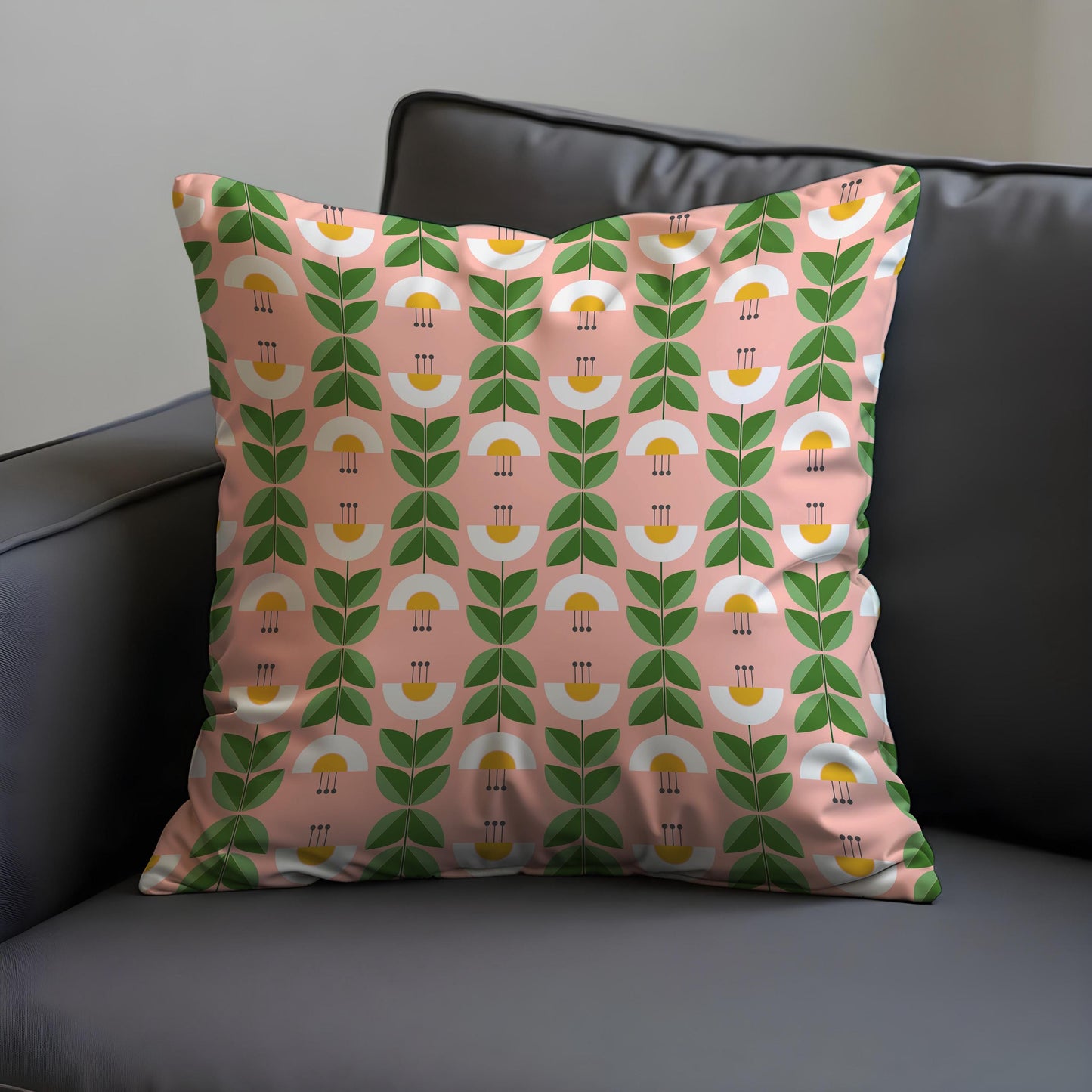 Retro Floral Cushion Cover, Green Leaf & Yellow Flower Pillow Case
