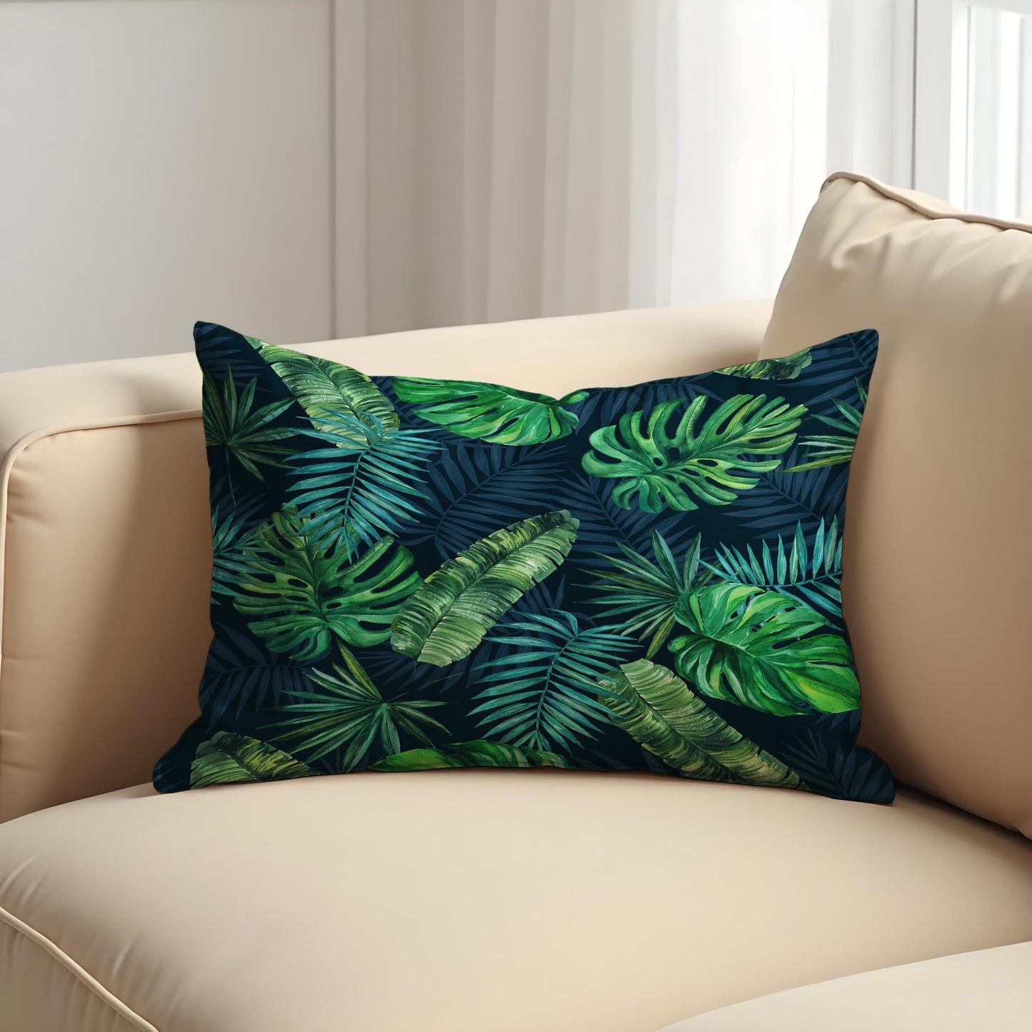 Tropical Leaf Cushion Cover, Dark Green Jungle Monstera Pillow Case