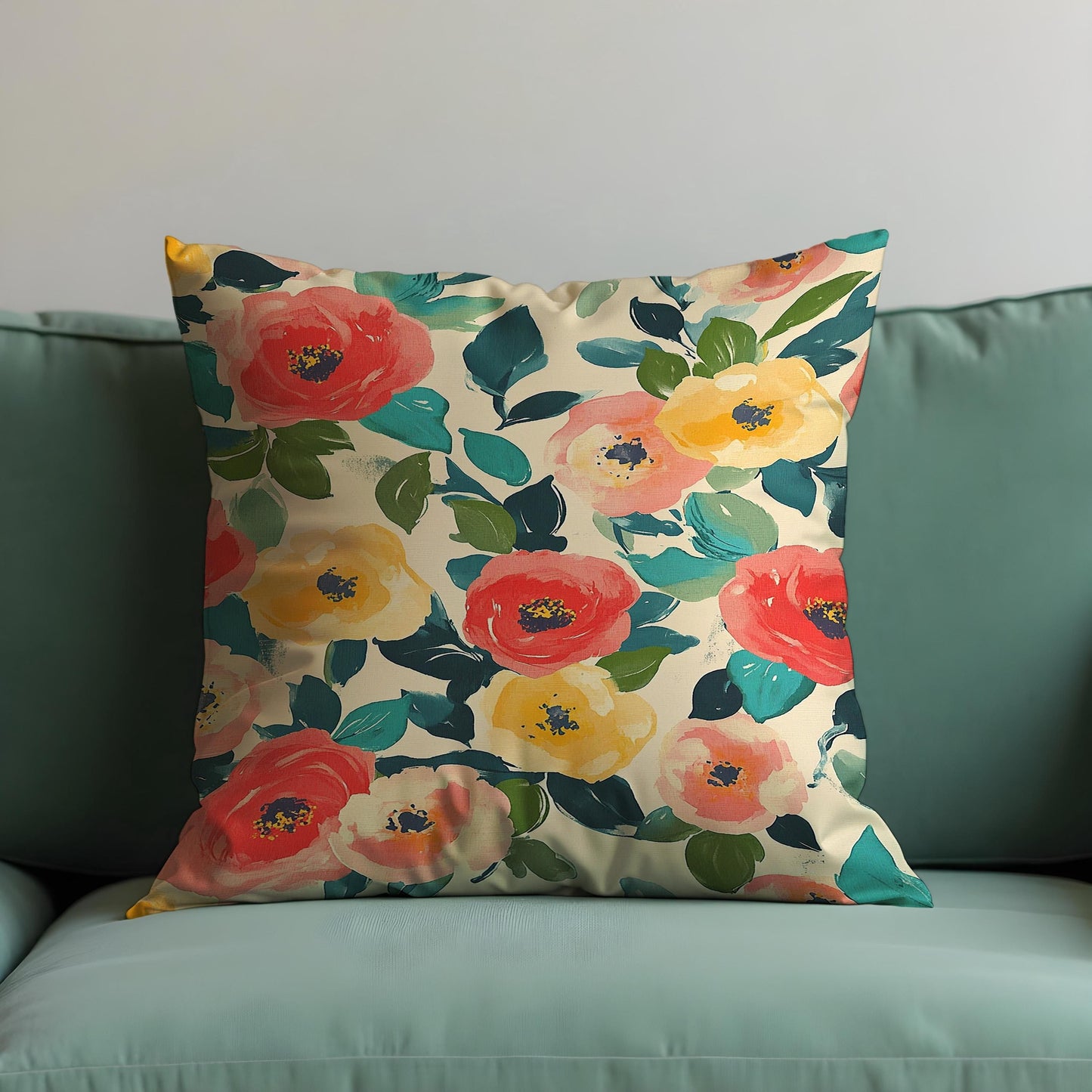 Floral Cushion Cover, Red and Yellow Poppy Flowers Pillow Case