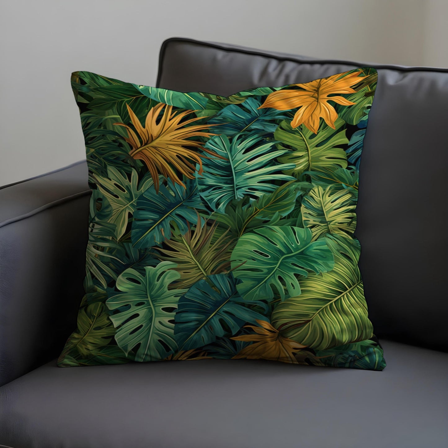 Tropical Leaf Cushion Cover, Green & Mustard Monstera Pillow Case