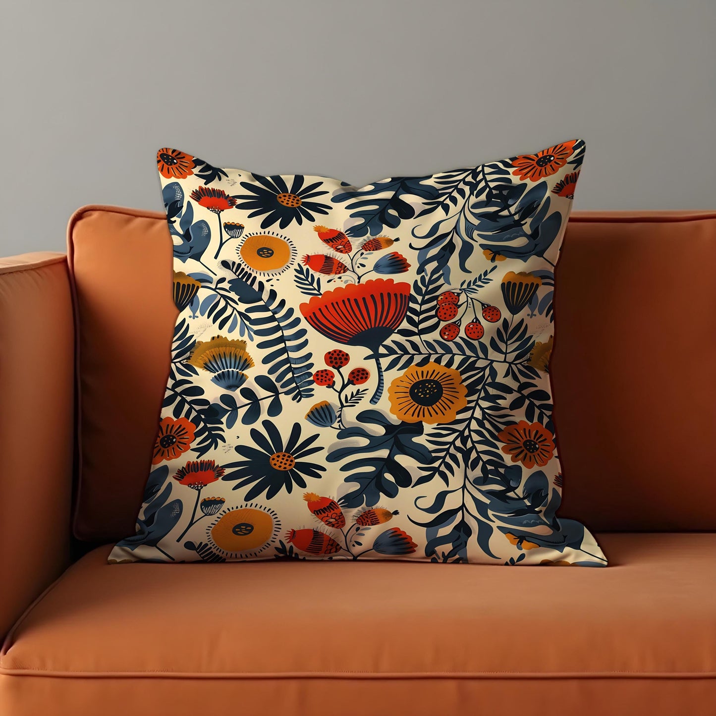 Folk Art Floral Cushion Cover, Bold Botanical Print Pillow Case