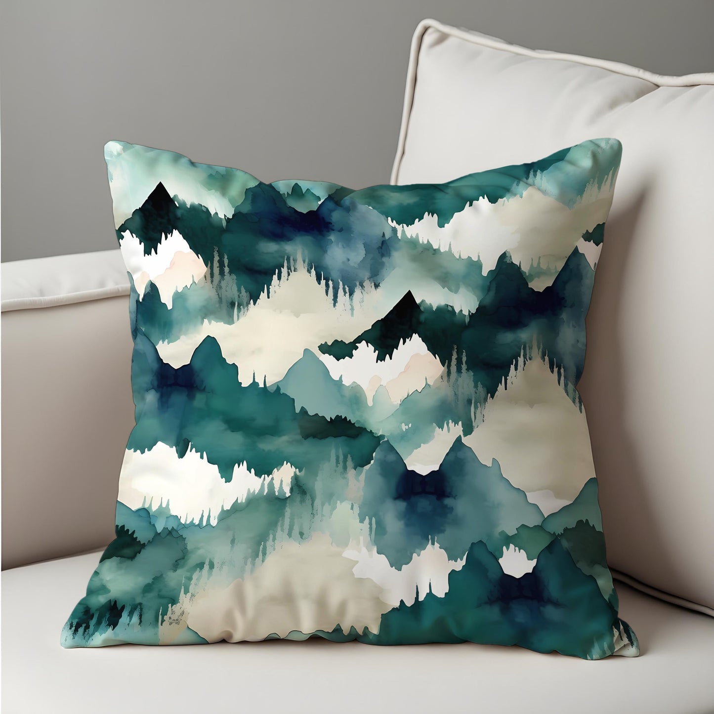 Watercolor Mountain Cushion Cover, Blue Green Forest Landscape Pillow Case
