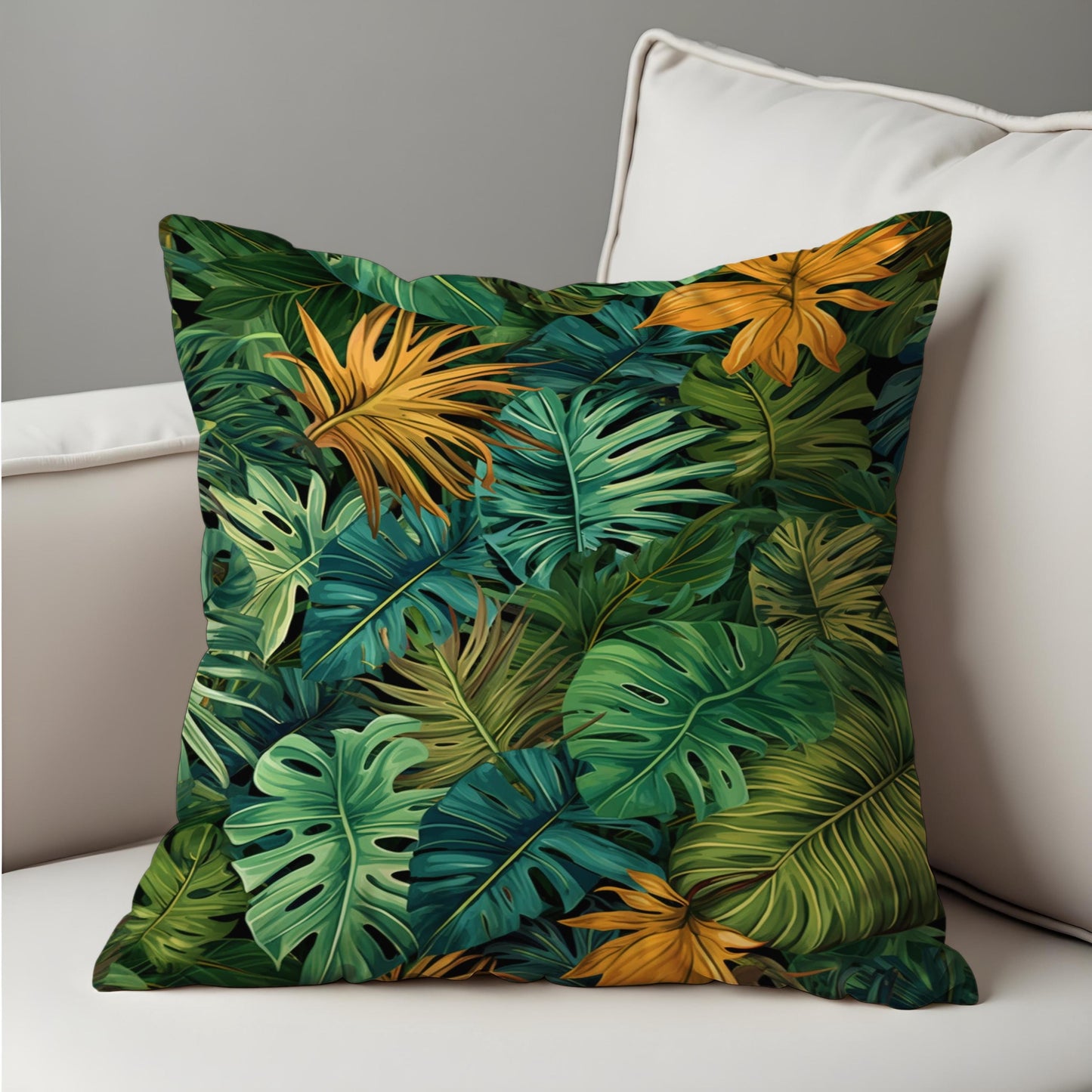 Tropical Leaf Cushion Cover, Green & Mustard Monstera Pillow Case