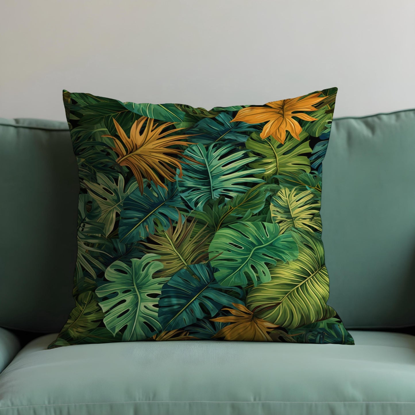 Tropical Leaf Cushion Cover, Green & Mustard Monstera Pillow Case