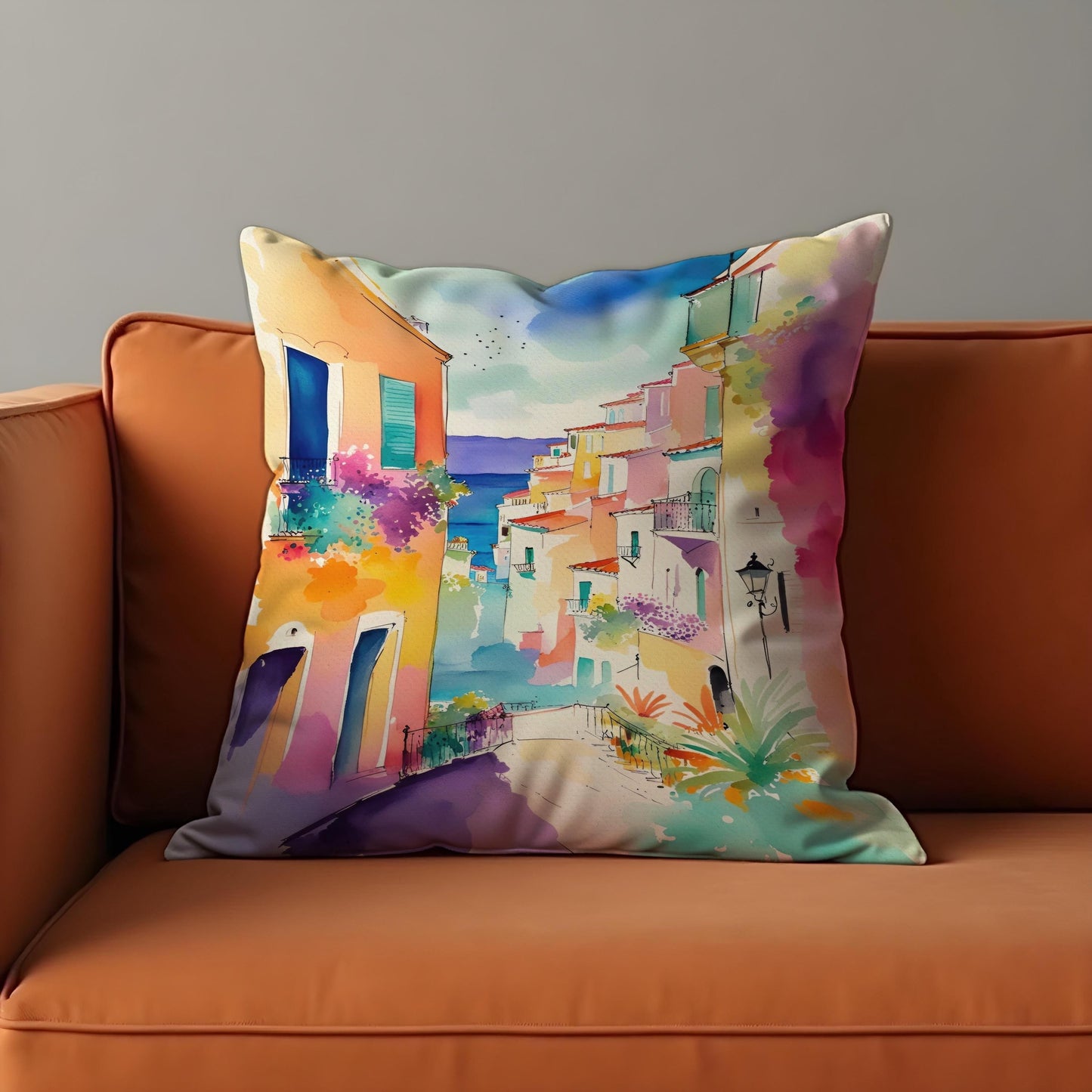 Coastal Town Cushion Cover, Mediterranean Street View Pillow Case