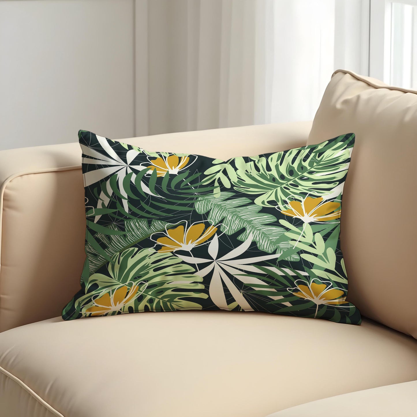 Tropical Floral Cushion Cover, Green Jungle Leaves Pillow Cover