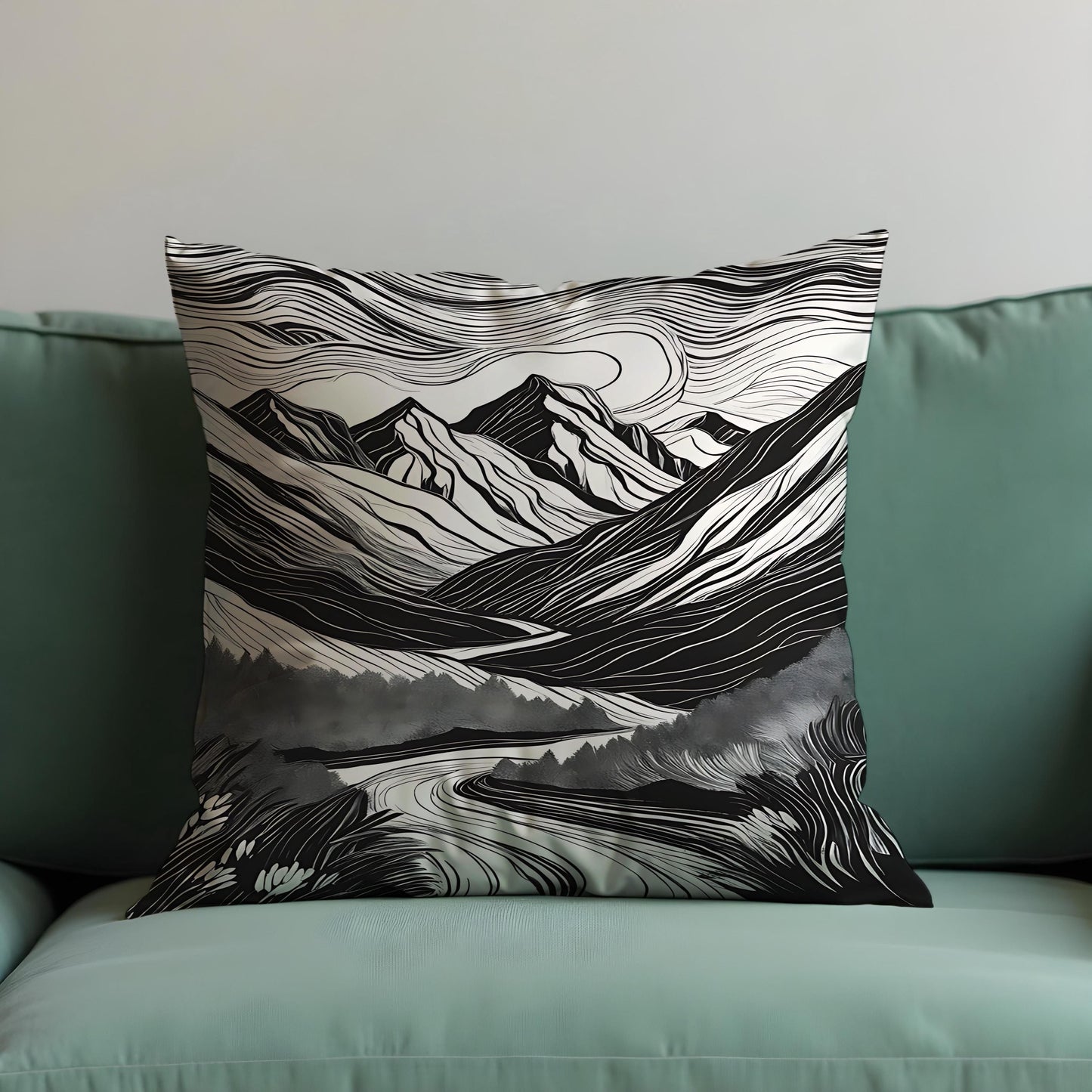 Black & White Mountain Cushion Cover, Monochrome Landscape Pillow Cover