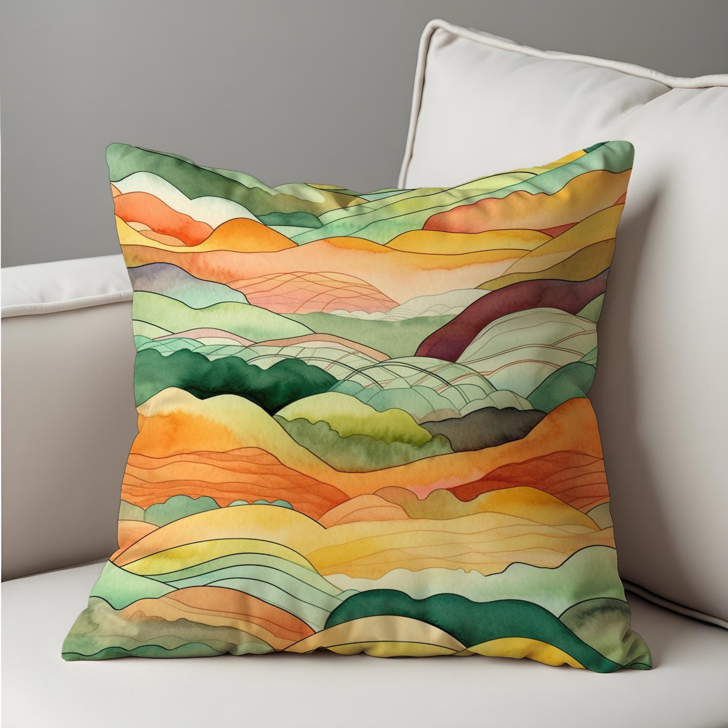 Watercolor Hills Cushion Cover, Autumn Landscape Pillow Case