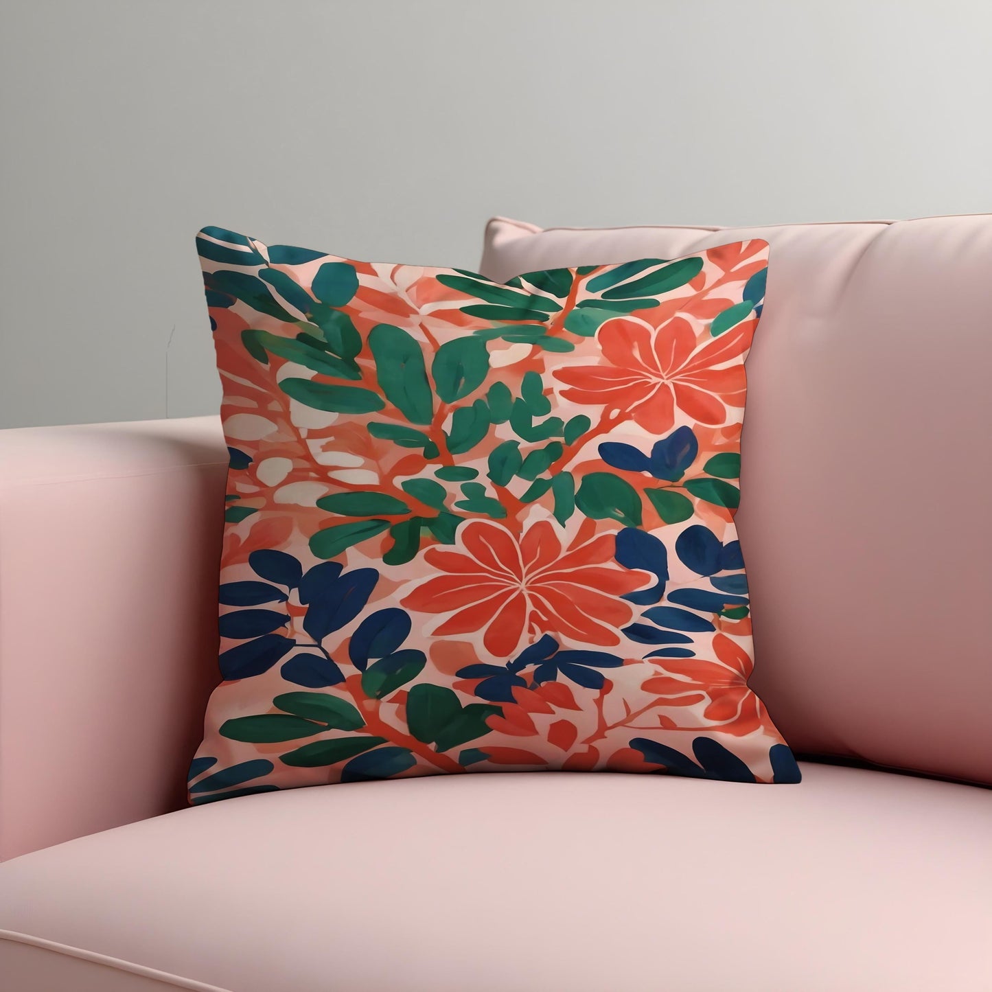Tropical Floral Cushion Cover, Coral and Green Botanical Pillowcase