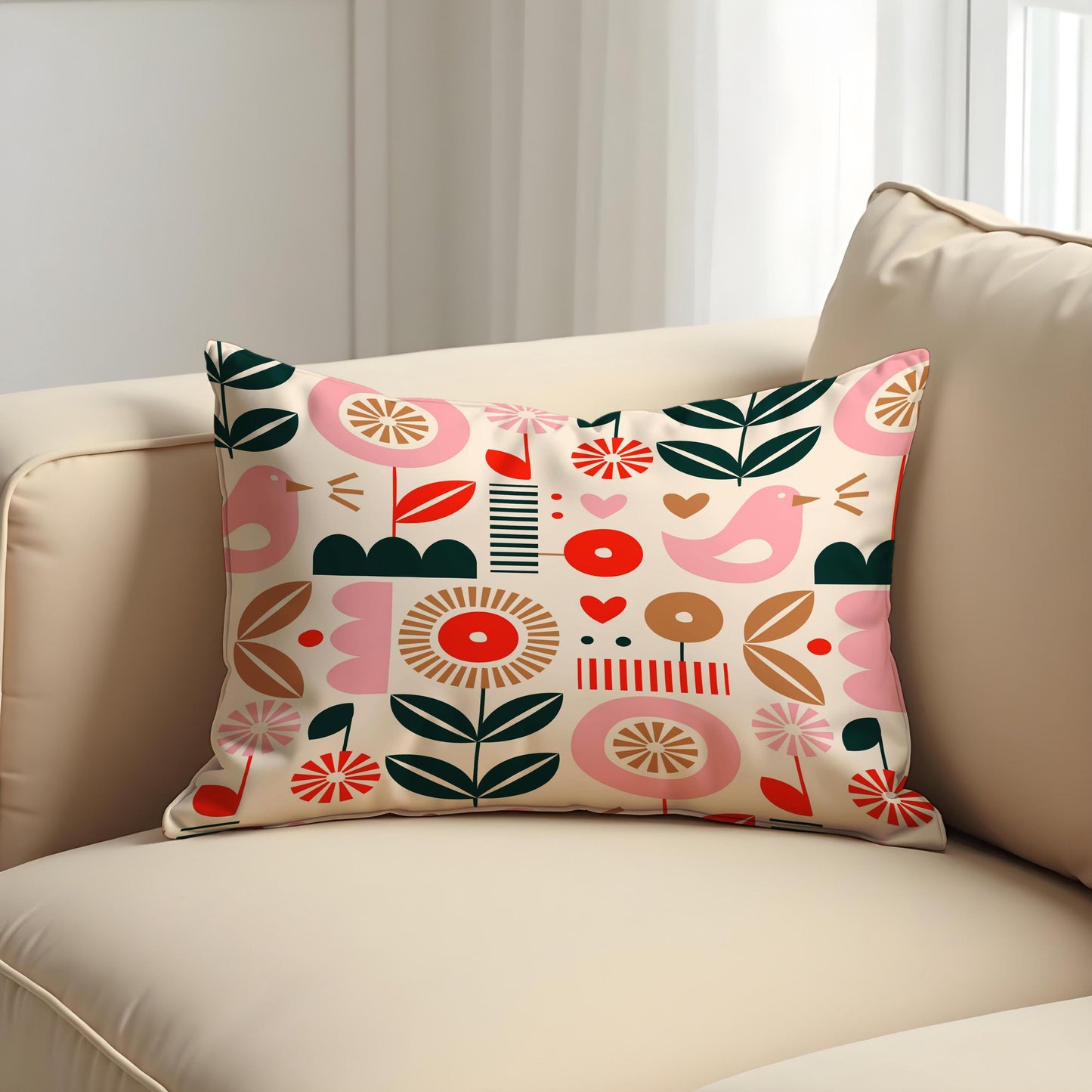 Scandi Folk Art Cushion Cover, Pink Bird & Floral Throw Pillow Cover