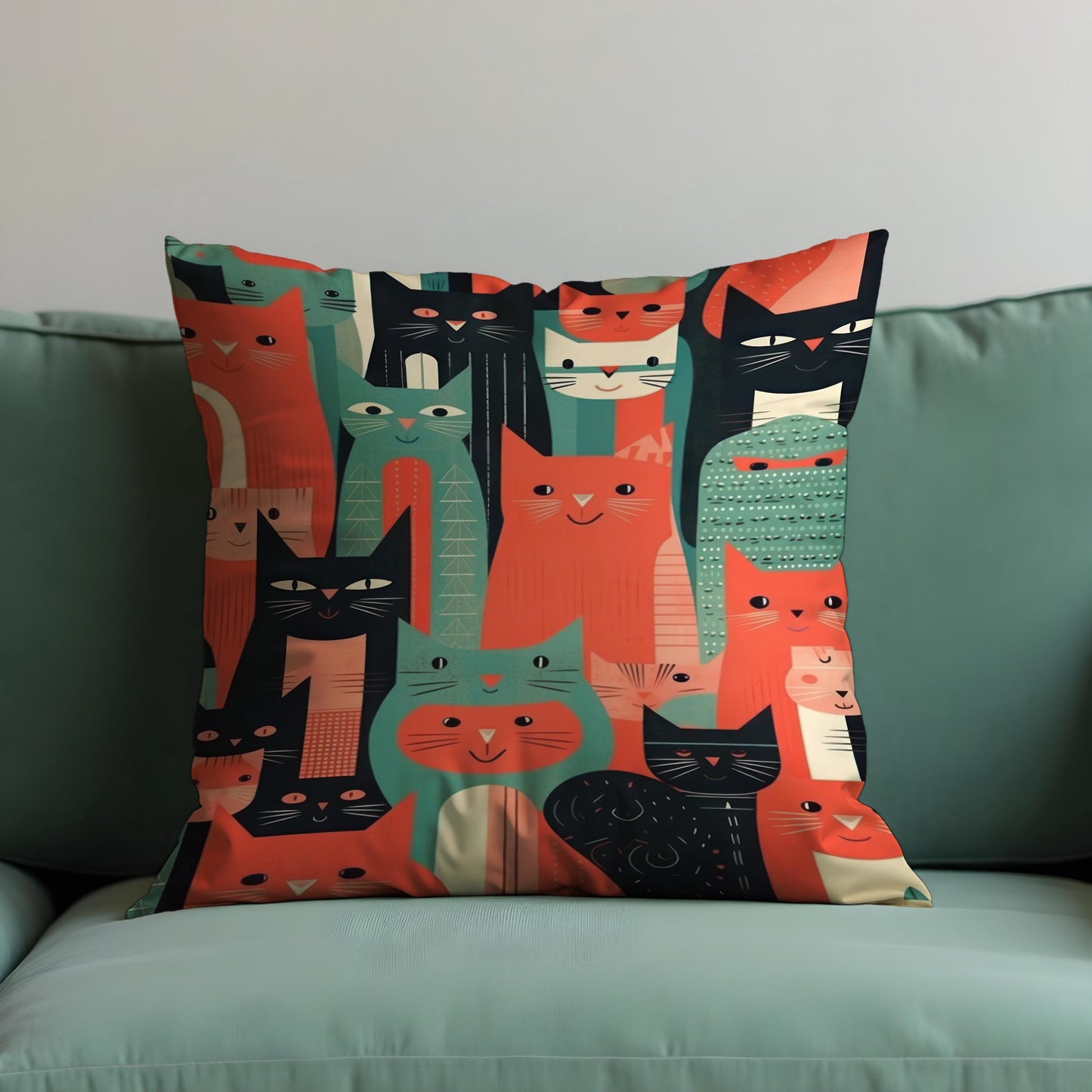 Colorful Cat Illustration Cushion Cover, Modern Retro Throw Pillow Cover