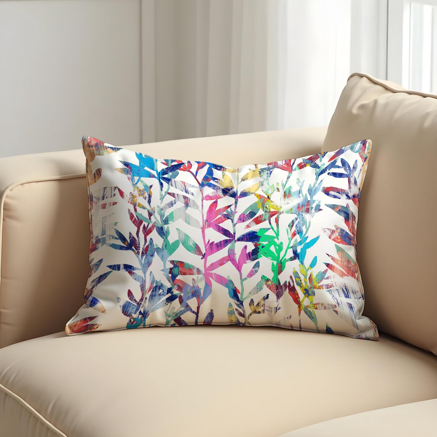 Colorful Botanical Cushion Cover, Rainbow Watercolor Leaves Pillowcase