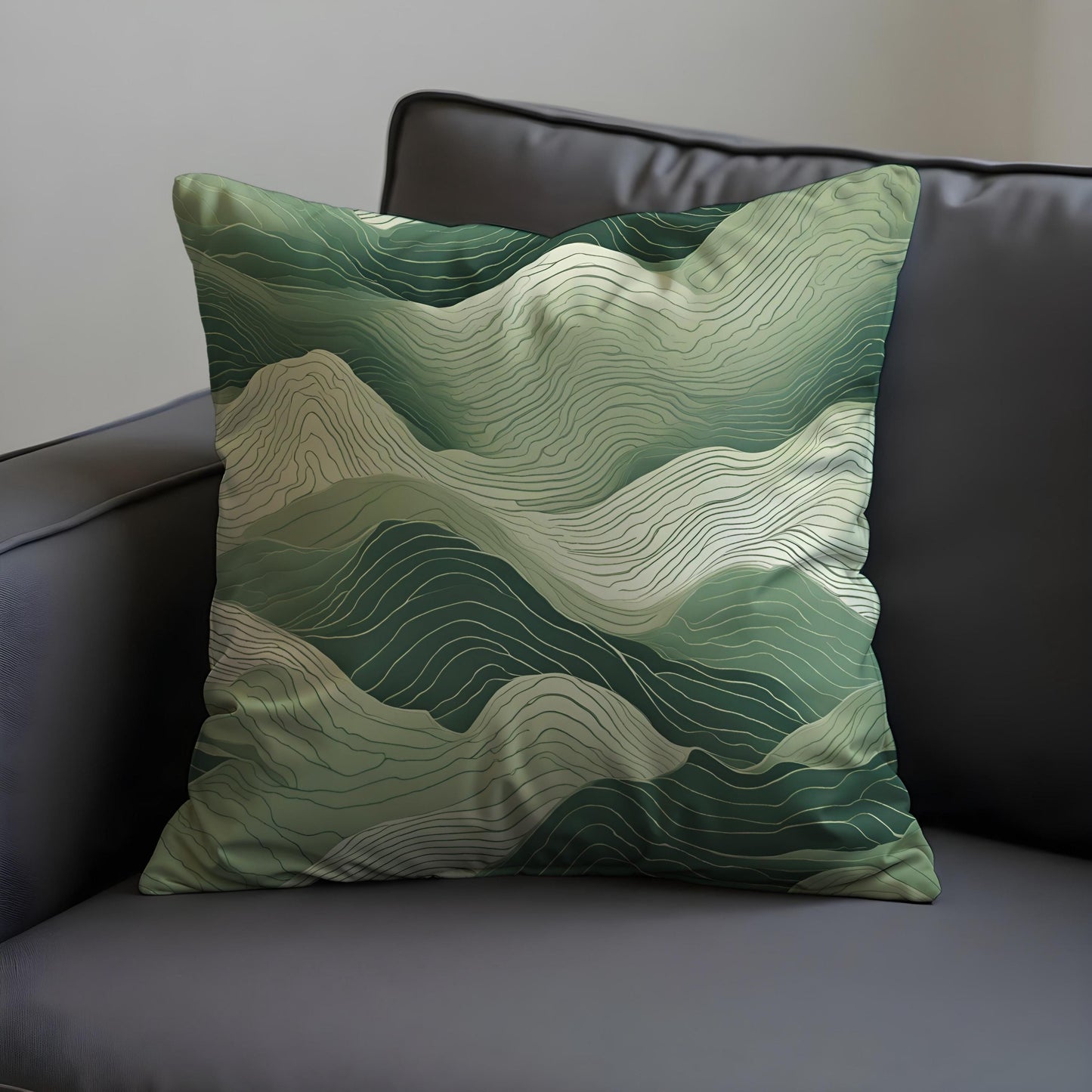 Abstract Mountain Cushion Cover, Green Topographic Line Art Pillow Case