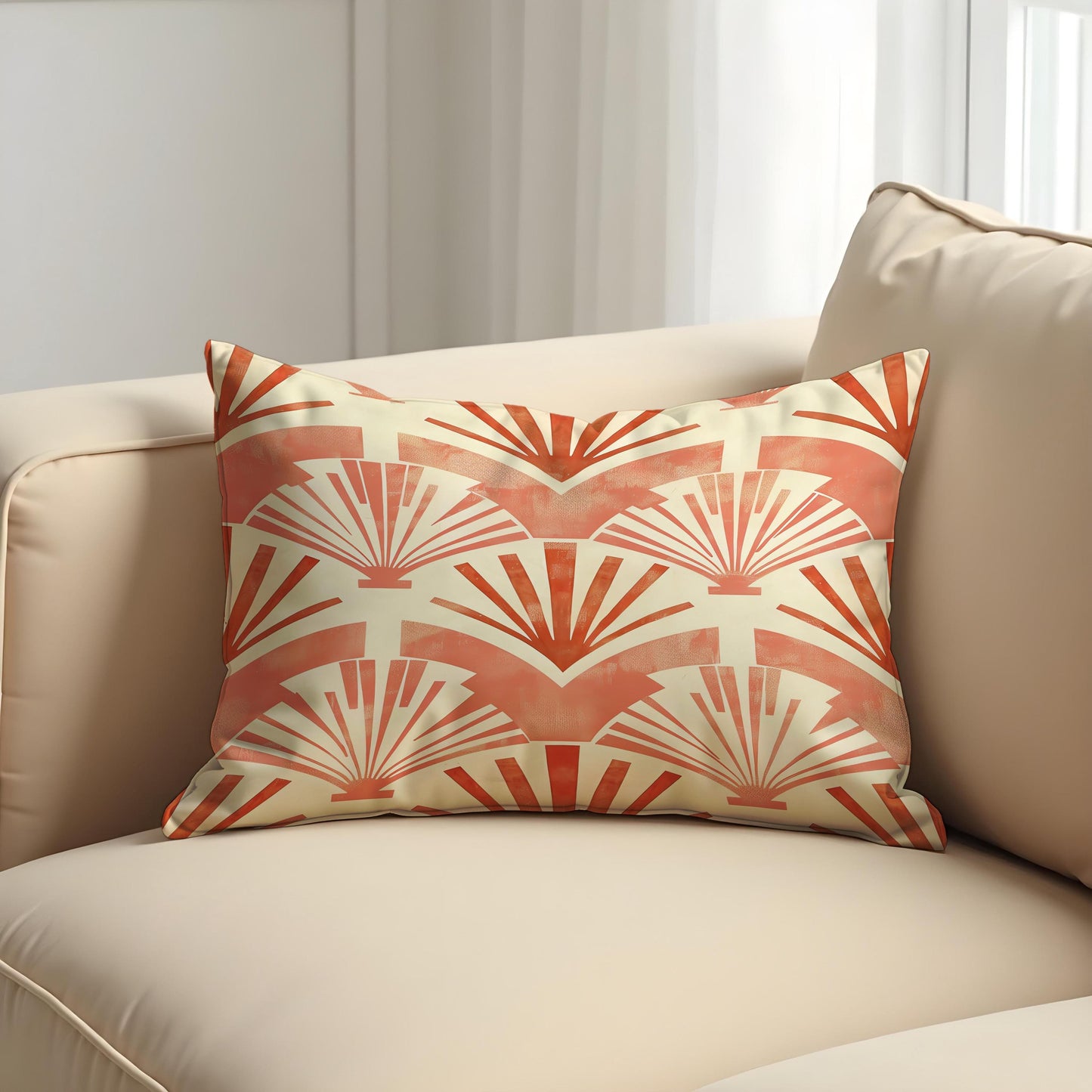 Art Deco Fan Cushion Cover, Terracotta & Cream Traditional Pillow Case