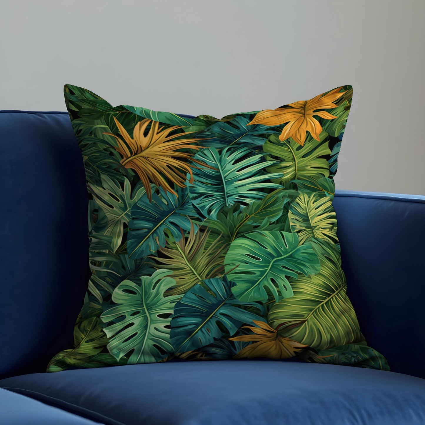 Tropical Leaf Cushion Cover, Green & Mustard Monstera Pillow Case